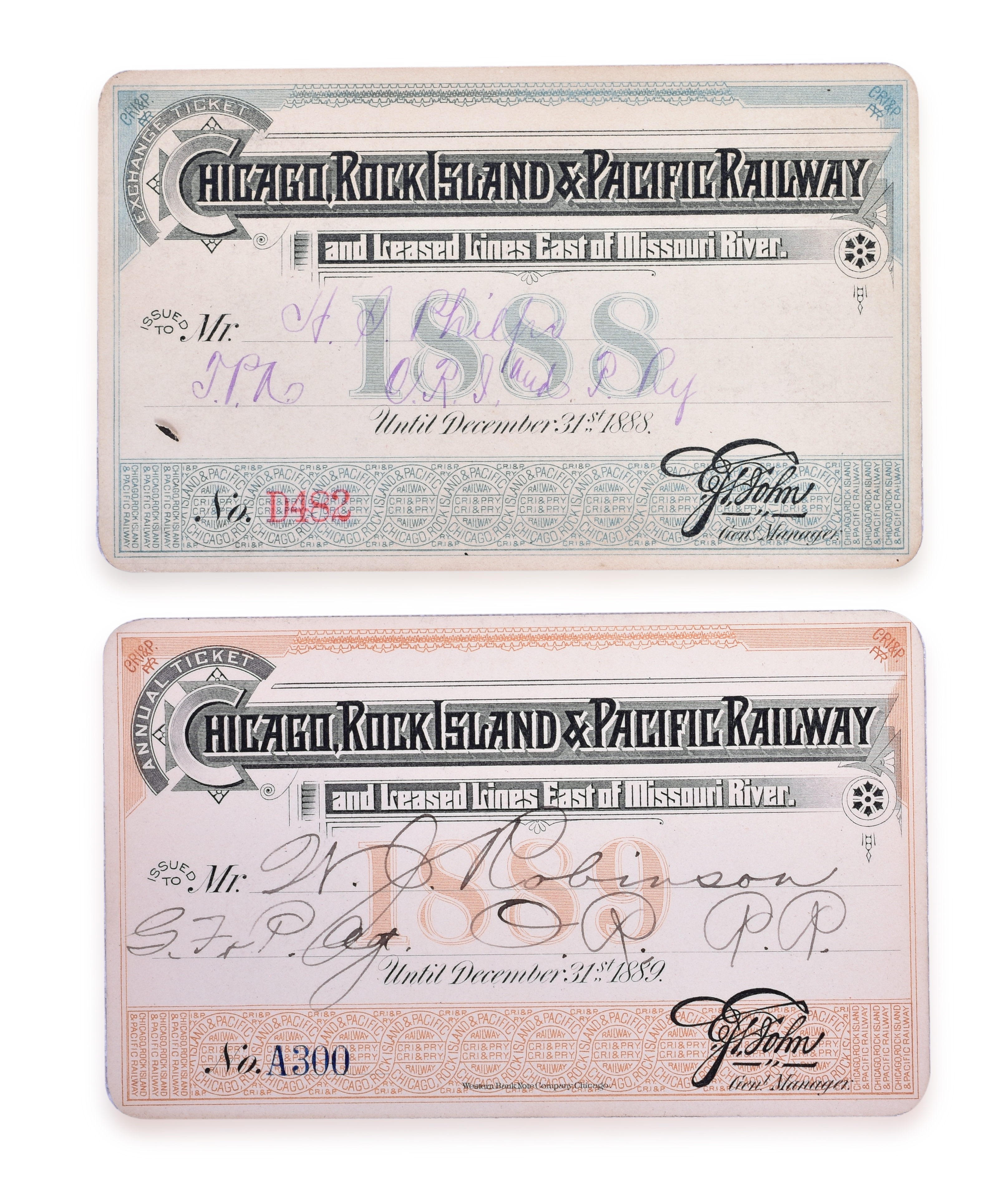 3198 - 1888 and 1889 Chicago, Rock Island & Pacific Railroad Annual Passes thumbnail