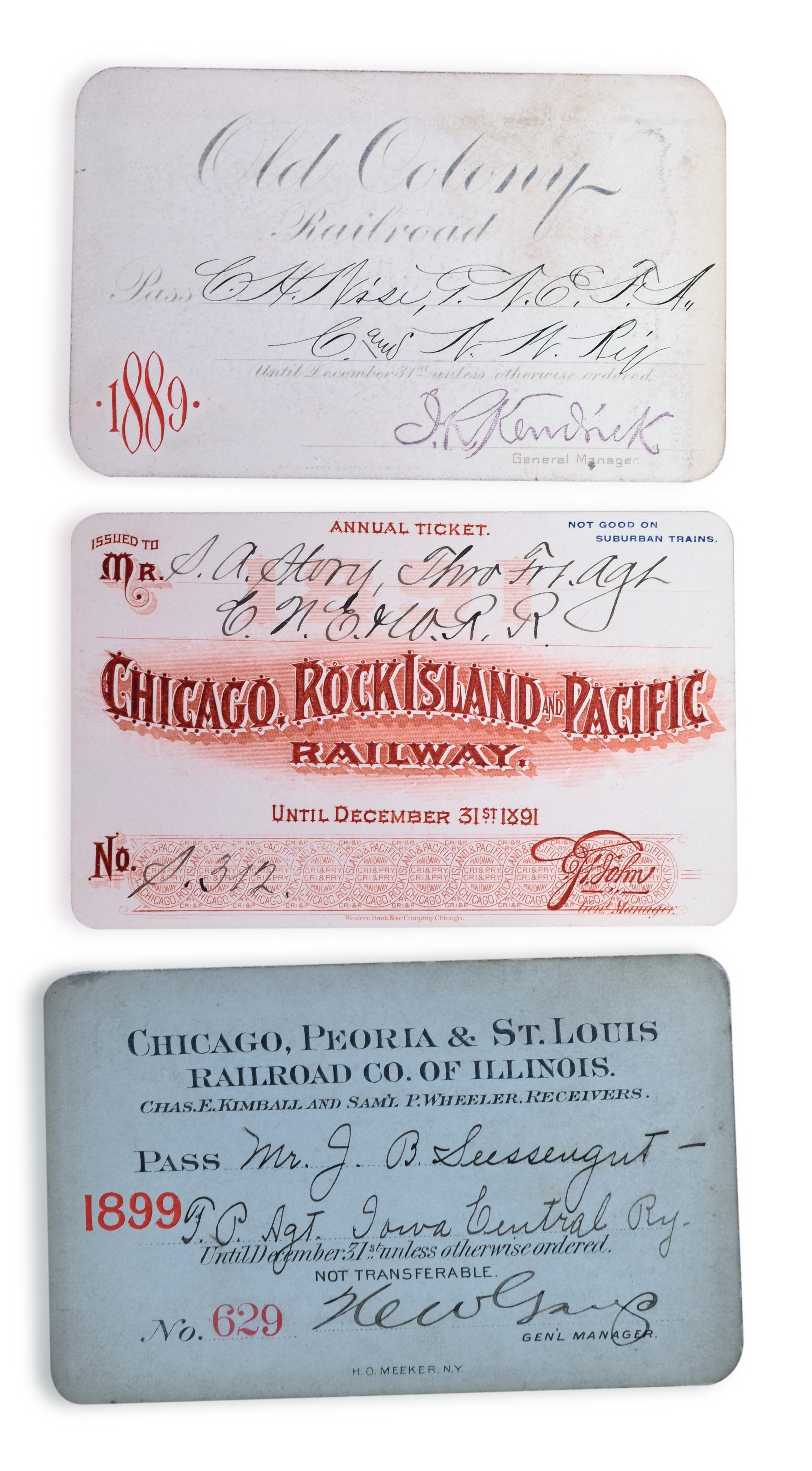 3204 - Three Late 1800s Railroad Passes - Chicago, Rock Island & Pacific, Chicago, Peoria & St. Louis, Old Colony Railroad thumbnail