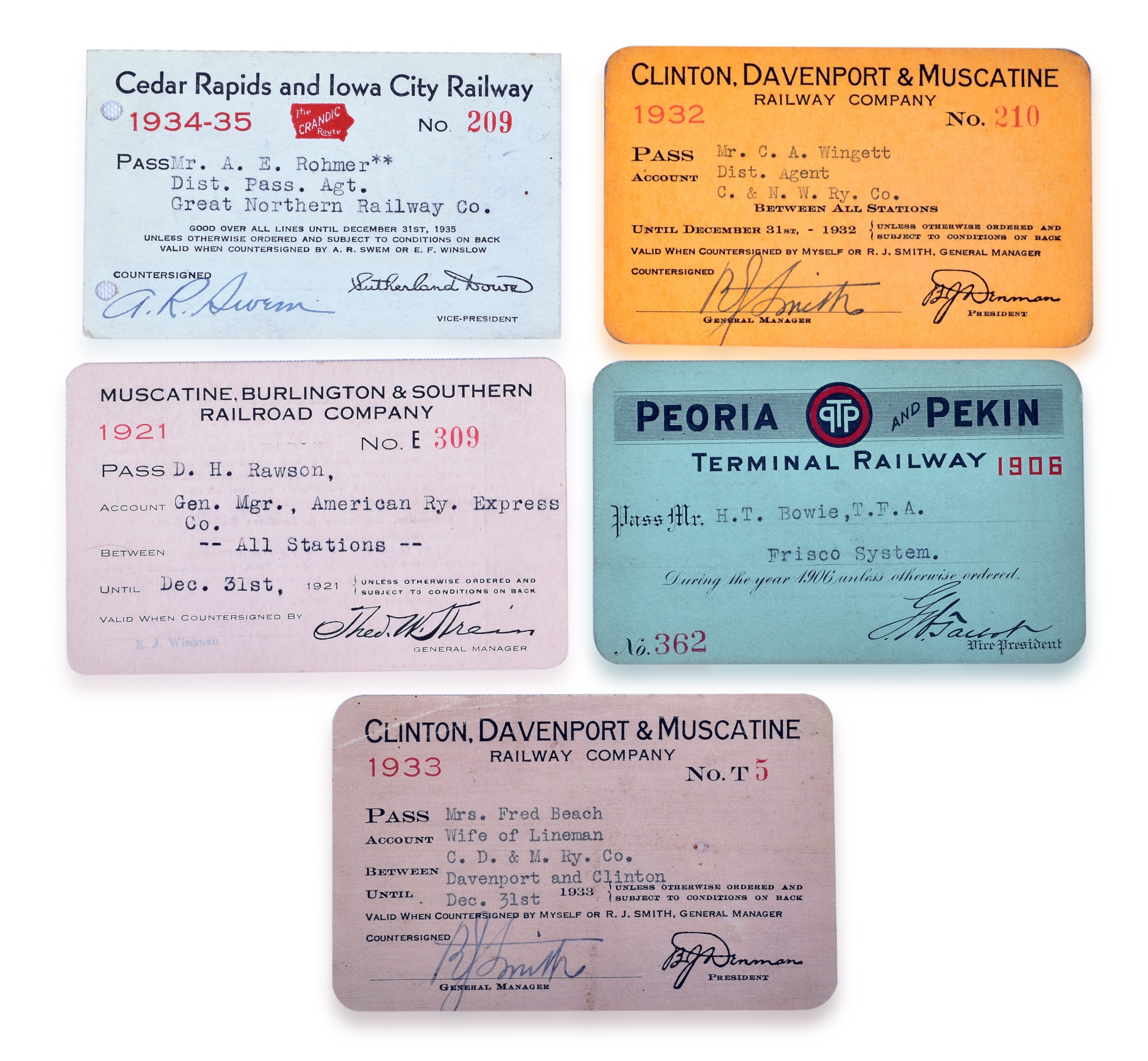 3207 - Five 1900s Railroad Passes - Peoria and Pekin Terminal, Muscatine, Burlington & Southern, Clinton, Davenport & Muscatine thumbnail