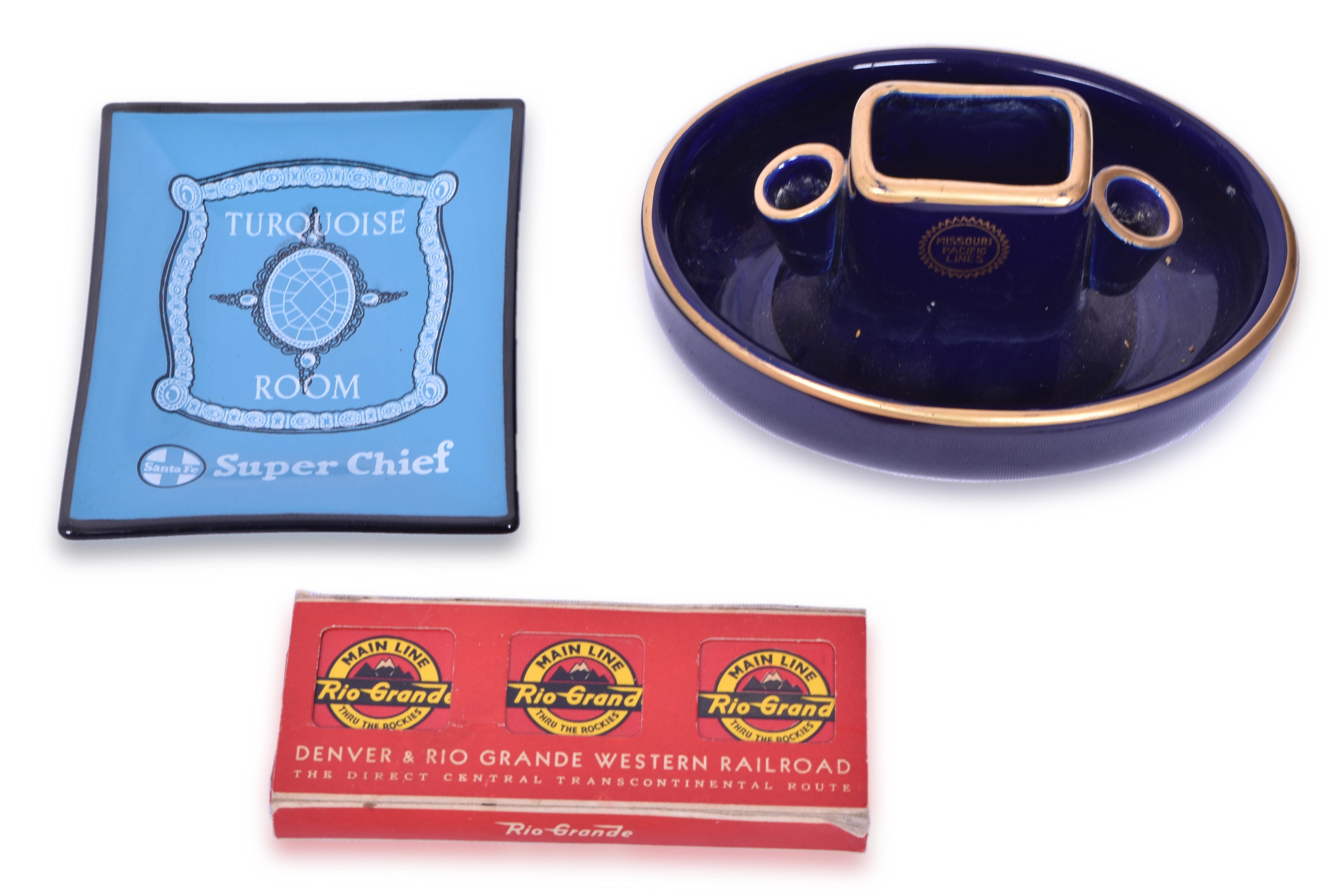 3208 - Missouri Pacific Cobalt Ash Tray, AT&SF Turquoise Room Ash Tray, Rio Grande Match Books thumbnail