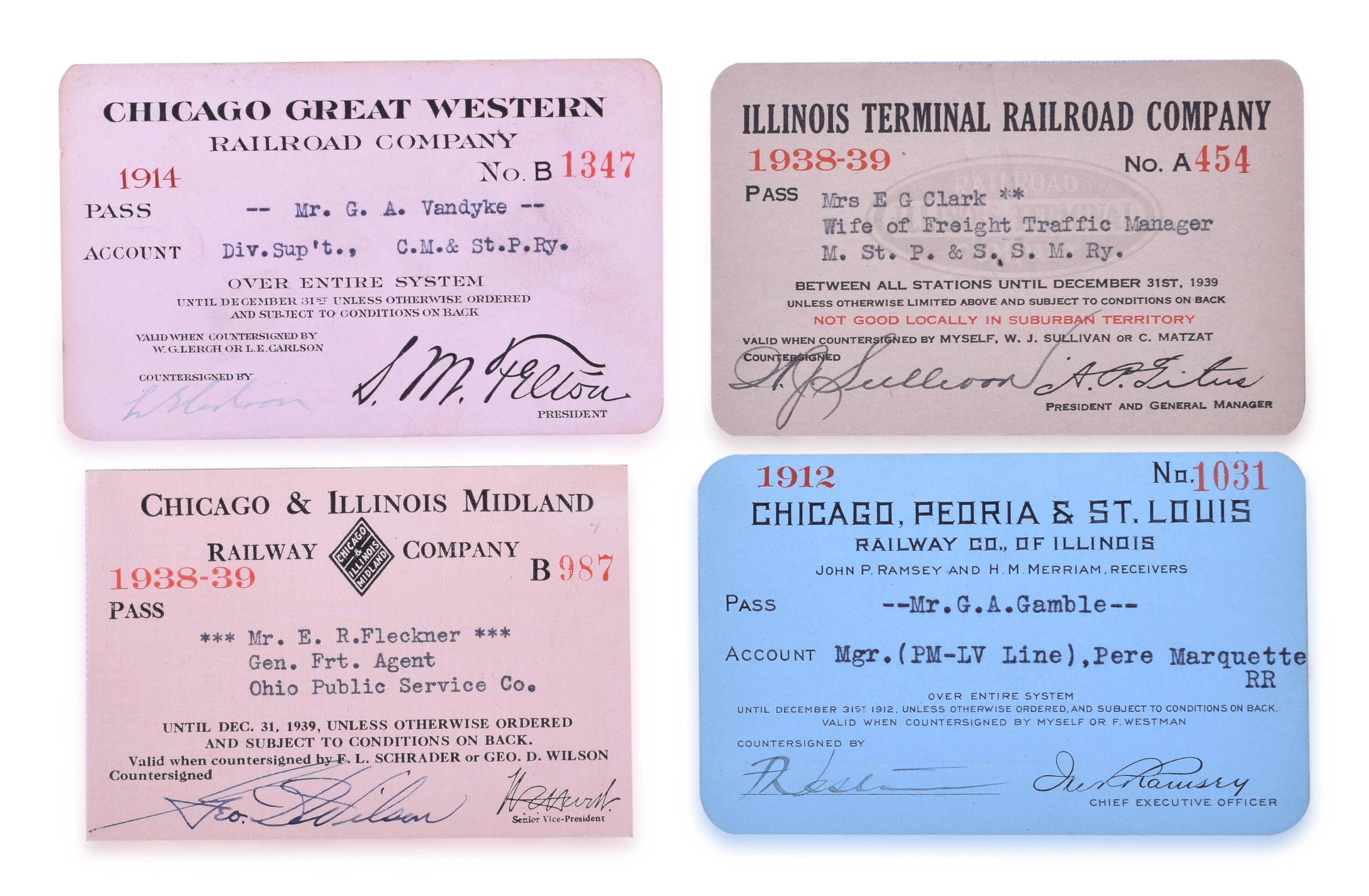 3210 - Four Railroad Passes - Chicago, Peoria & St. Louis, Illinois Terminal, Chicago & Illinois Midland, Chicago Great Western thumbnail