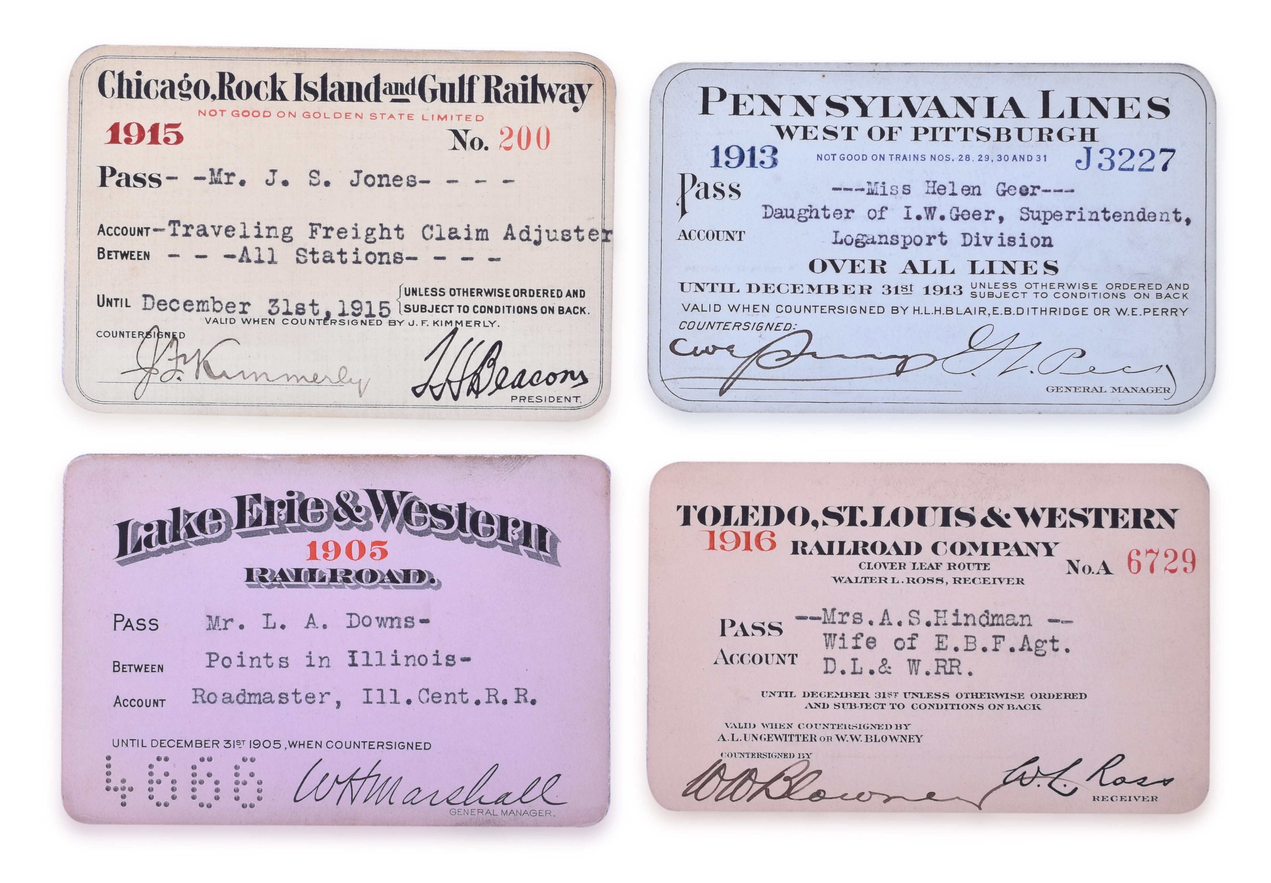 3213 - Four Railroad Passes - Lake Erie & Western, Chicago, Rock Island and Gulf, Pennsylvania, Toledo, St. Louis & Western thumbnail