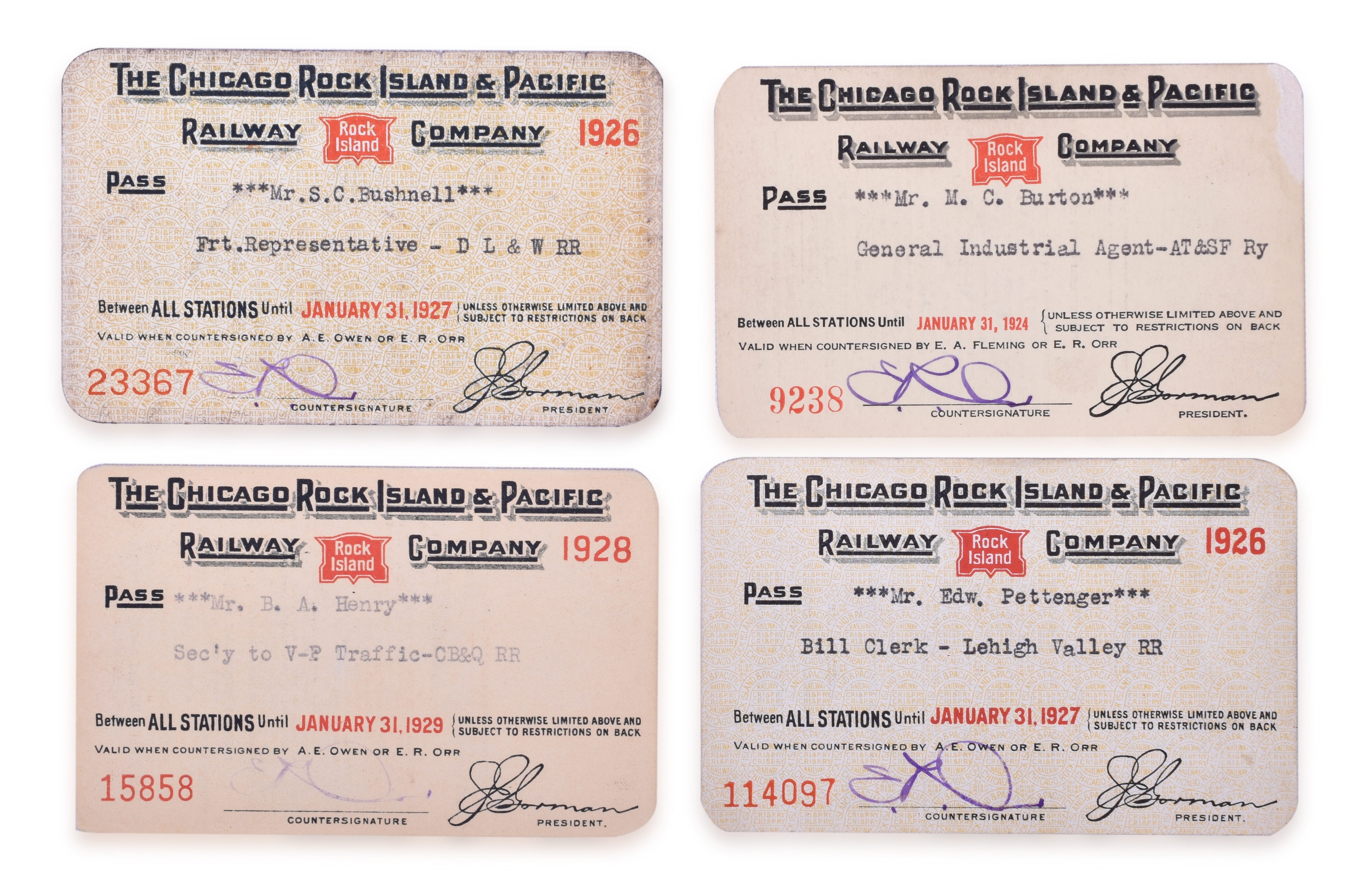 3216 - Four Chicago, Rock Island & Pacific Annual Passes - 1924, 1926, 1926, 1928 thumbnail