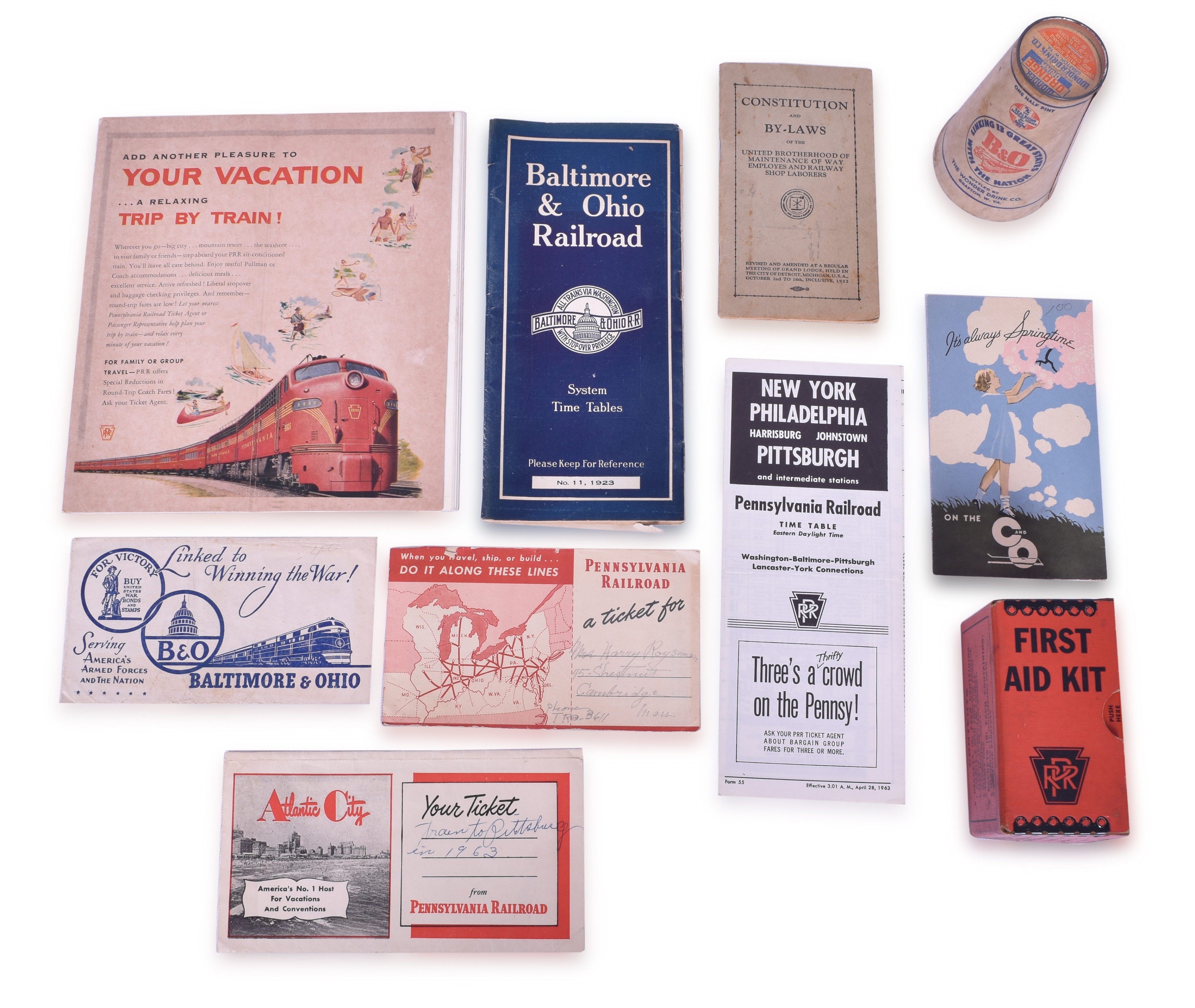 3218 - Chesapeake & Ohio, Pennsylvania, Baltimore & Ohio Railroad Wonder Orange Drink Carton, 1923 Timetable, First Aid Kit, Ticket Envelope, Tickets & Brochures thumbnail