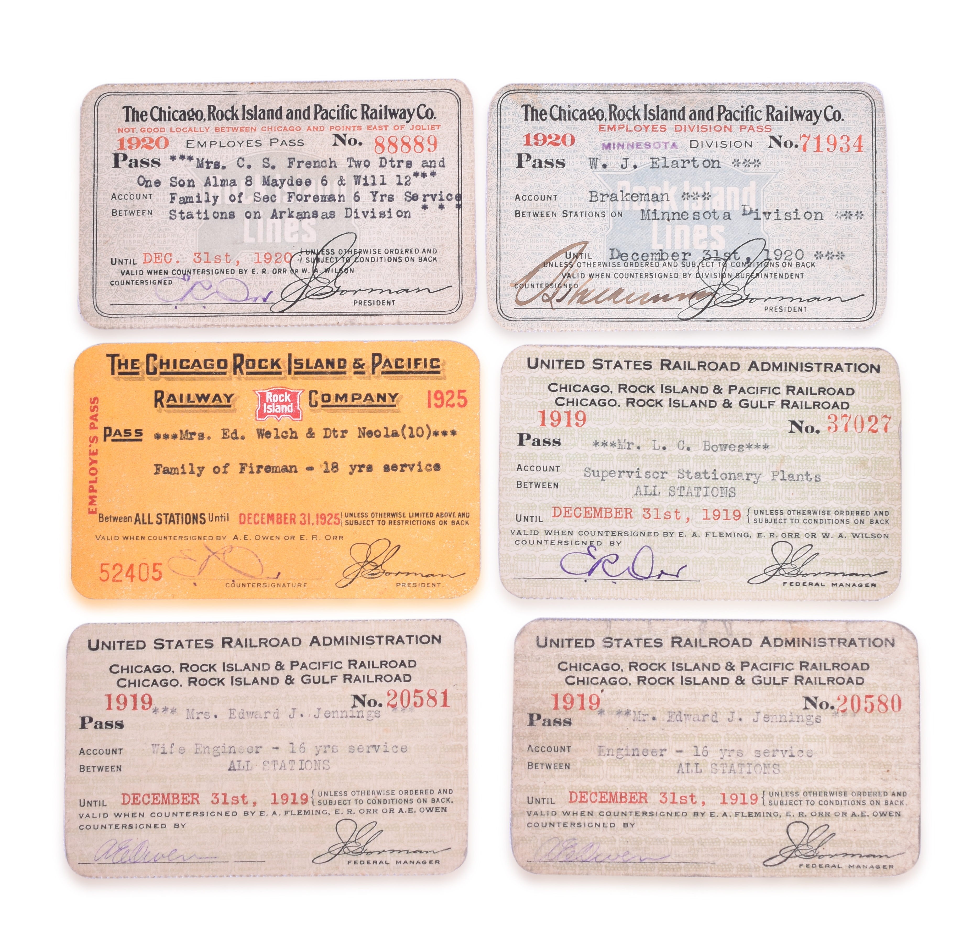 3222 - Six Chicago, Rock Island & Pacific Railroad Passes - 1919 USRA, 1920, 1920, 1925 thumbnail