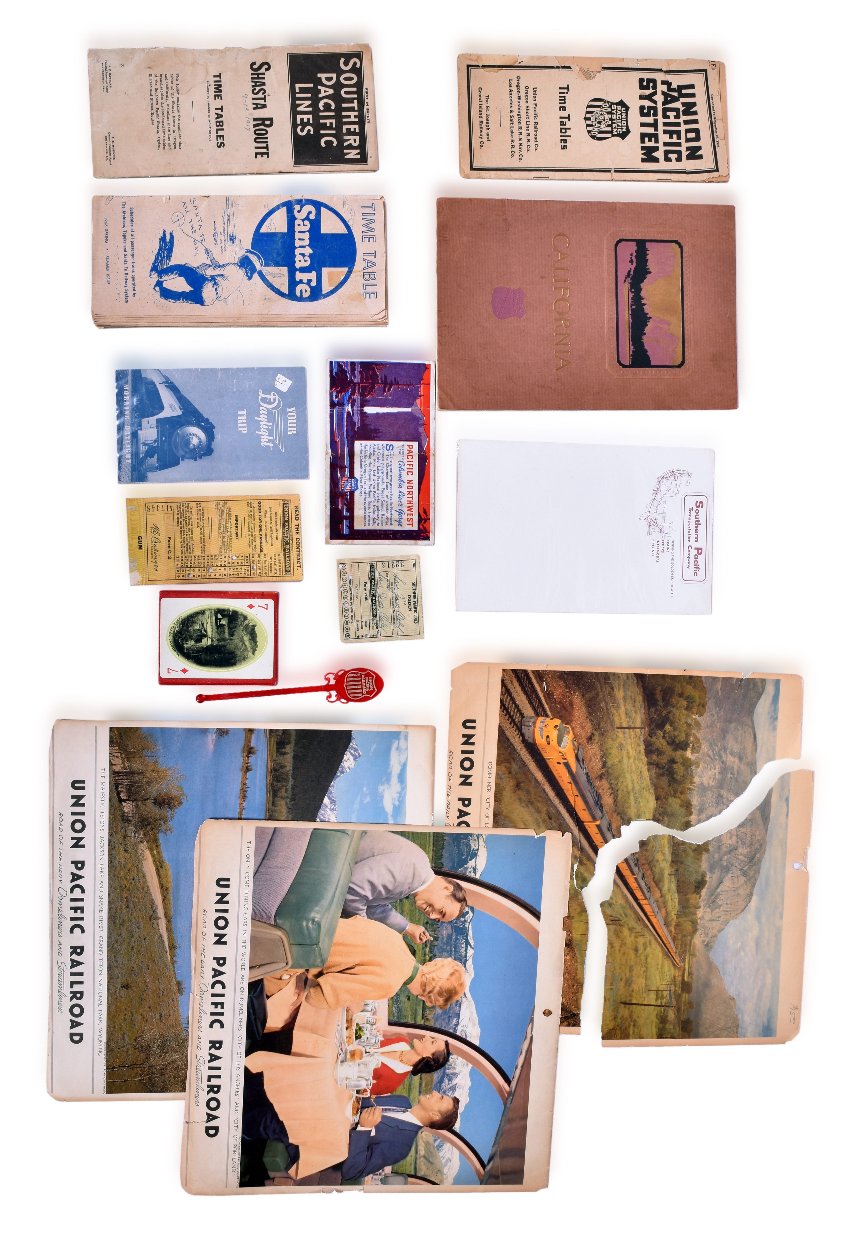 3224 - Santa FE, Southern Pacific, & Union Pacific Railroad Tickets, 1917, 1928 Timetables, Playing Cards, Note Pads, 1926 California Travel Guide, Coffee Stir Stick & Travel Picture Guide thumbnail