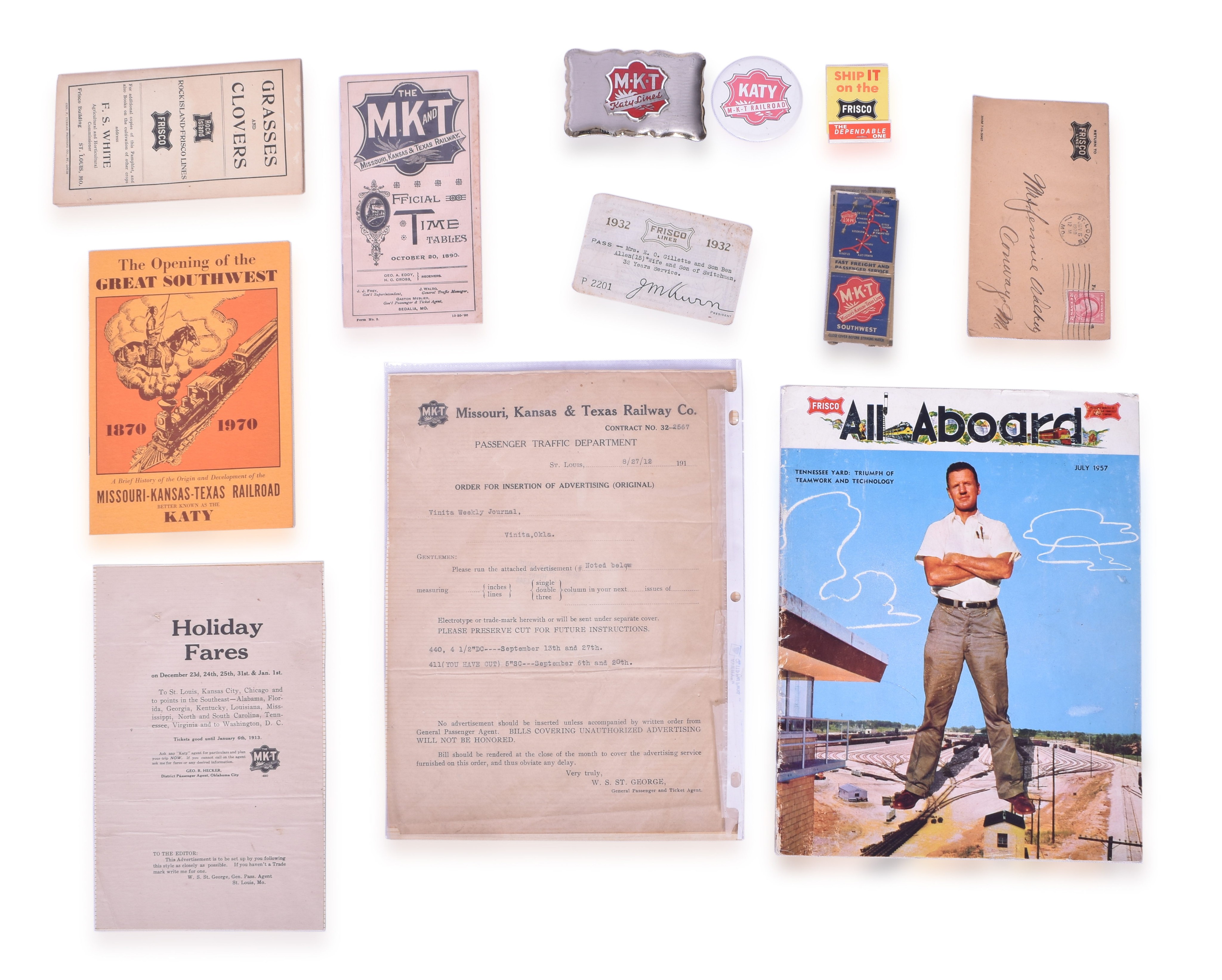 3226 - Rock Island-Frisco Lines, Missouri Kansas & Texas Railroad All Aboard Magazine, Matches, Travel Booklet, 1890 Timetable, Belt Buckle, & Advertising Button thumbnail
