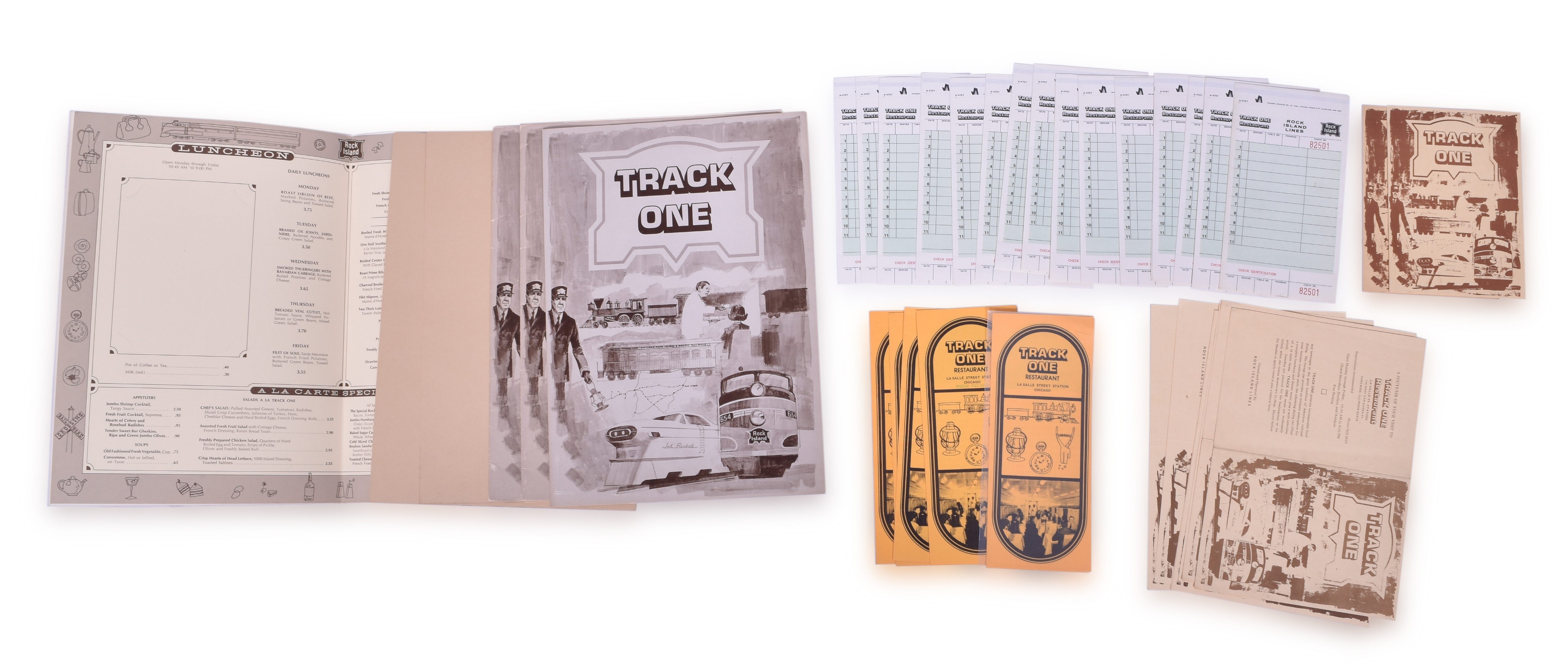 3227 - Chicago, Rock Island and Pacific Railroad Track One Restaurant Brochures, Souvenir Menus, Order Tickets, & Large Table Menus. thumbnail