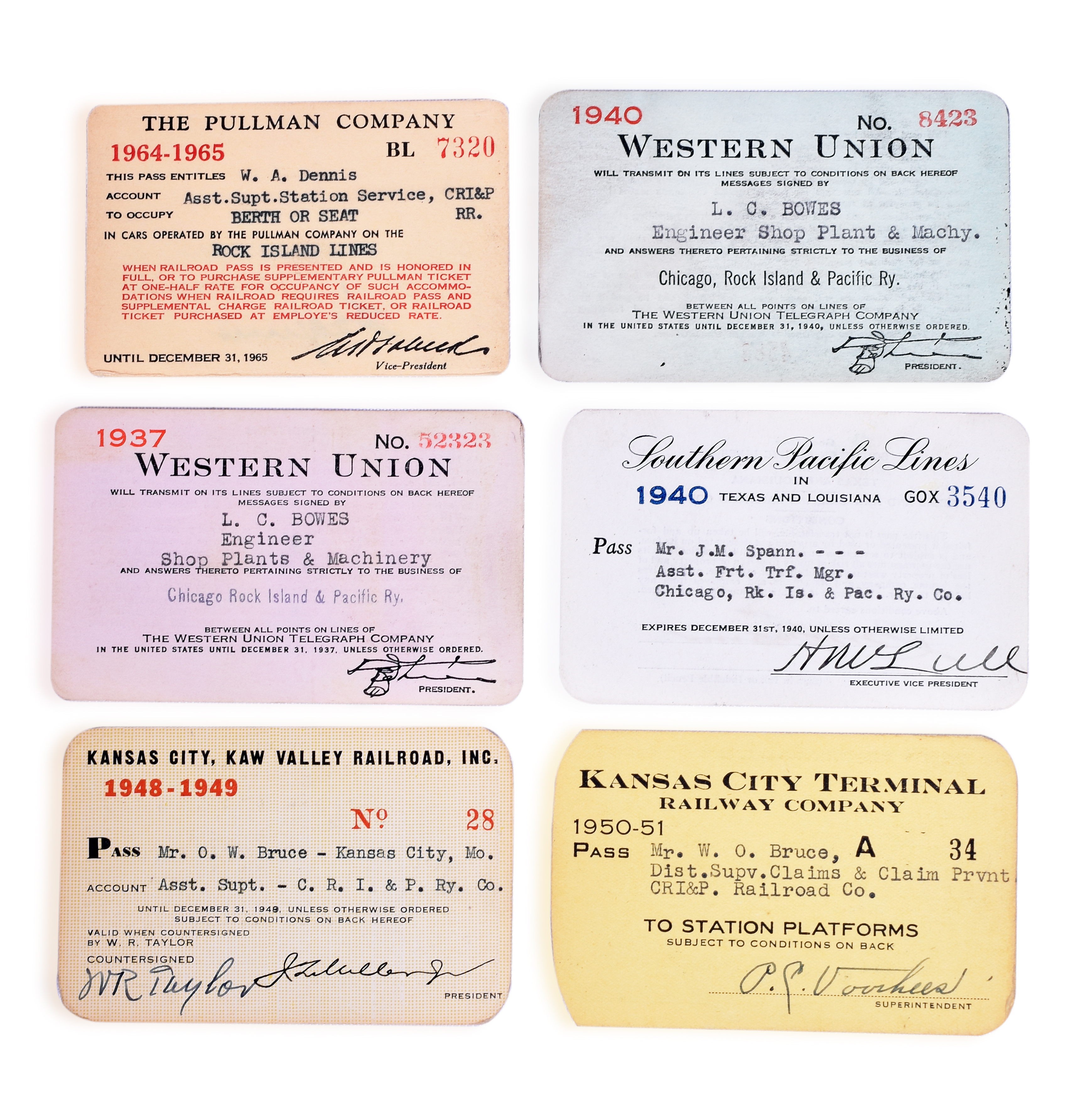 3228 - Six Railroad Passes Issued to Rock Island Employees - Kansas City Terminal, Kansas City, Kaw Valley, Western Union, Southern Pacific, etc. thumbnail
