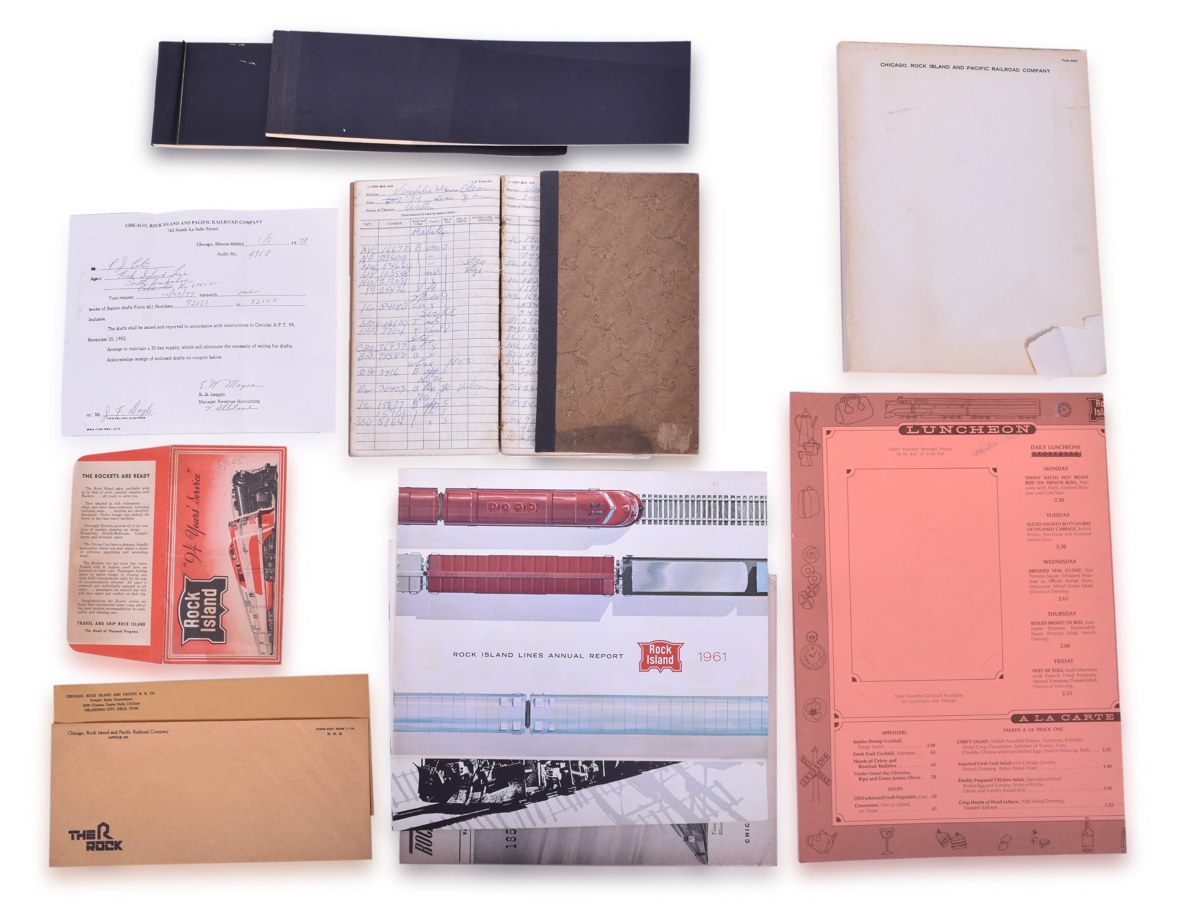 3230 - Chicago, Rock Island and Pacific Railroad Railroad, Menu Insert, Ticket Stubs, Notepad, Envelopes, & Ledgers thumbnail