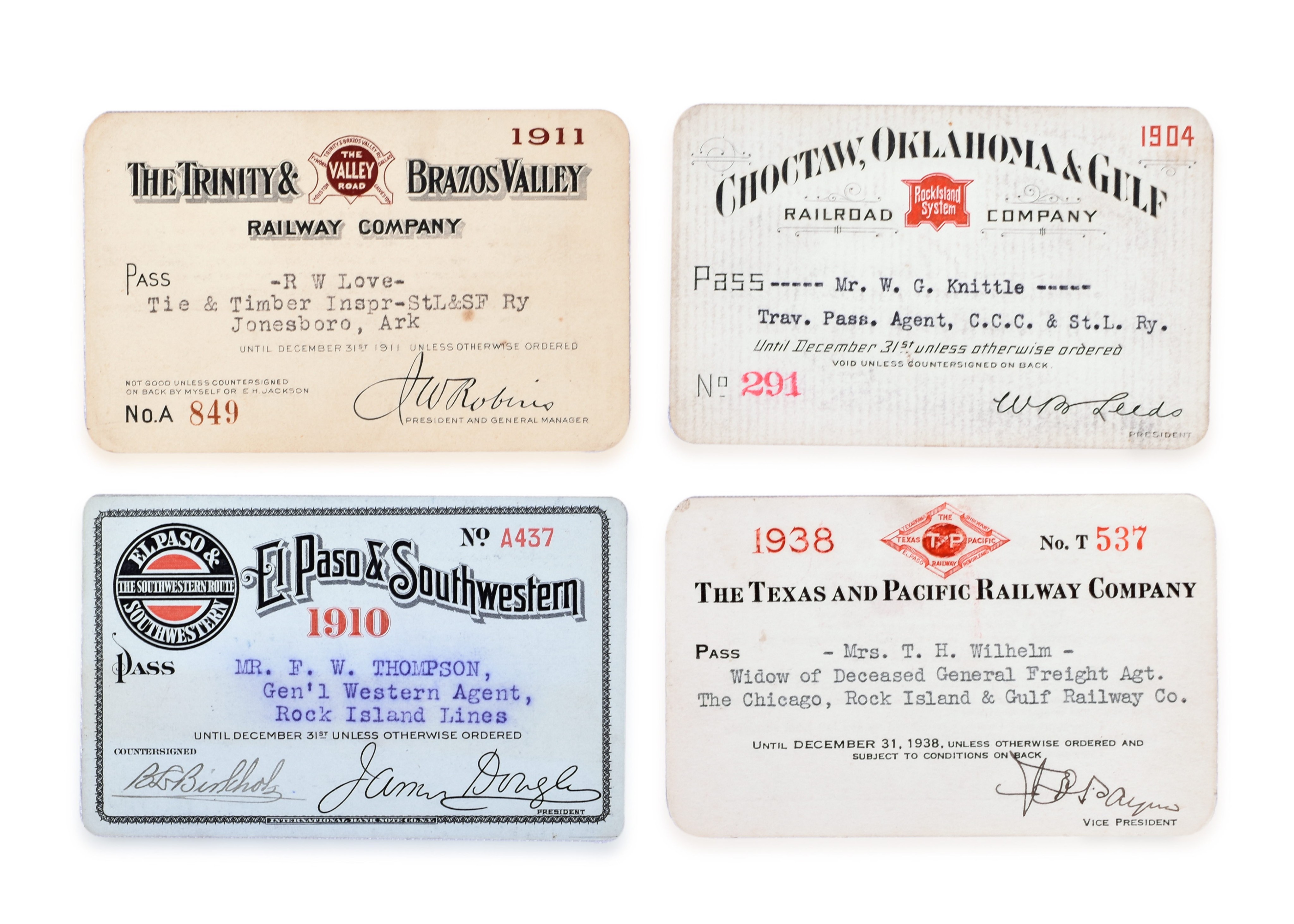 3231 - Four Annual Railroad Passes; Choctaw, Okalahoma & Gulf, Big Four, Texas and Pacific, and El Paso & Southwestern thumbnail