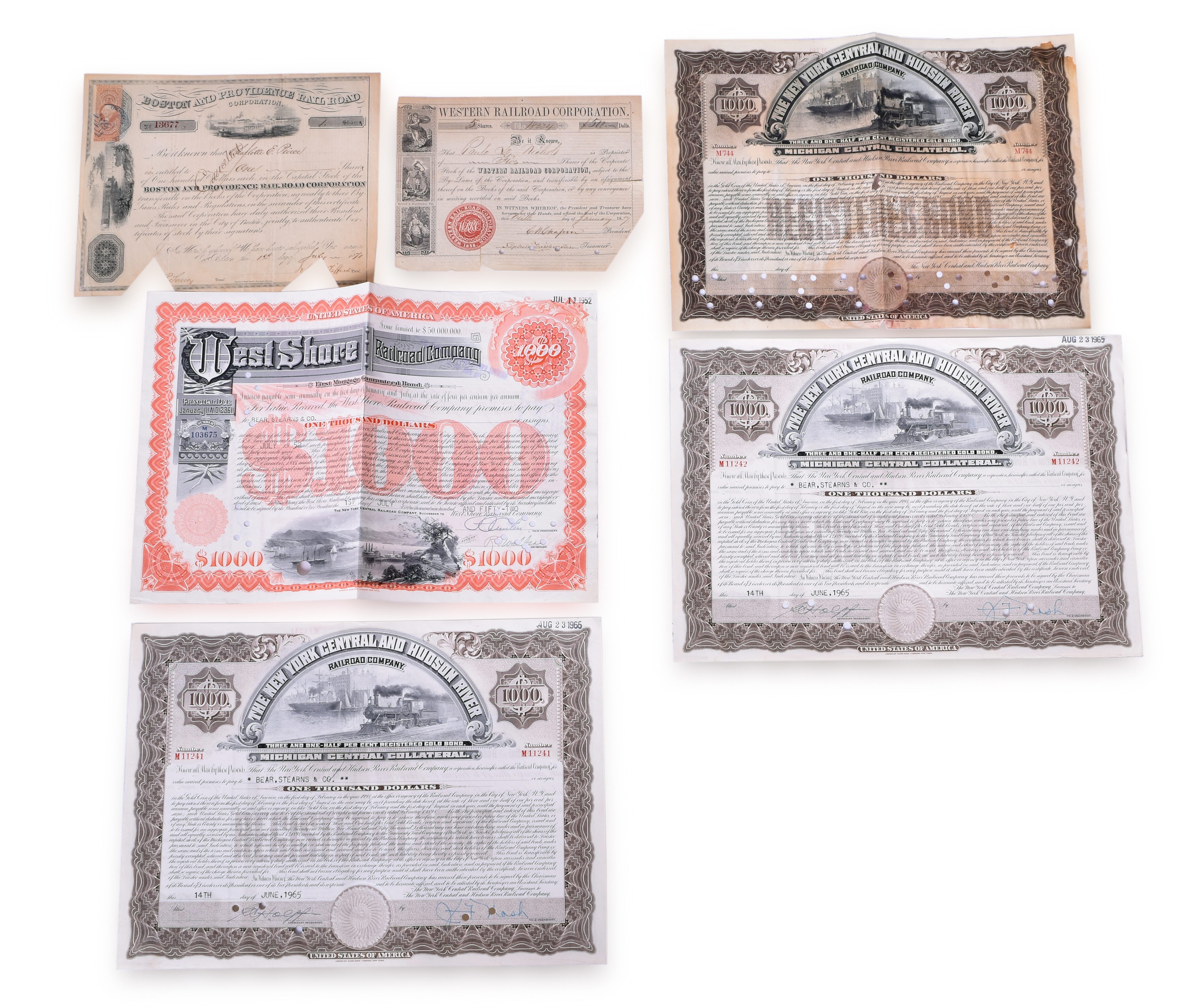 3232 - Seven Railroad Stock Certificates - West Shore Railroad, Western Railroad Corporation, Boston and Providence, etc. thumbnail