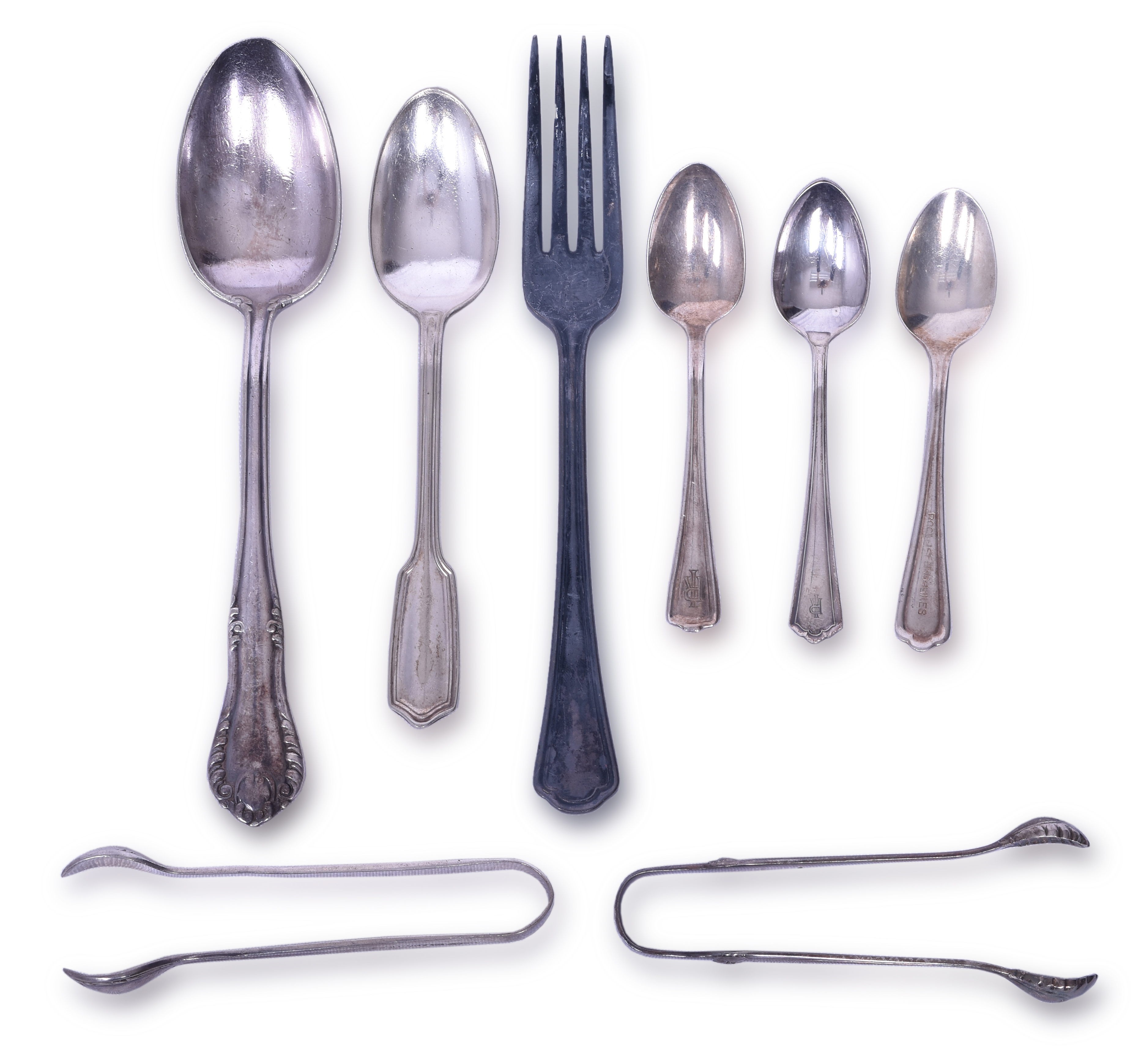 3233 - Gorham, Reed & Barton, R. Wallace, International Silver Co. Chicago, Rock Island and Pacific Railroad Demitasse Spoons, Olive Tong, Sugar Tong, Dinner Spoon, Dinner Fork & Dessert Spoon thumbnail