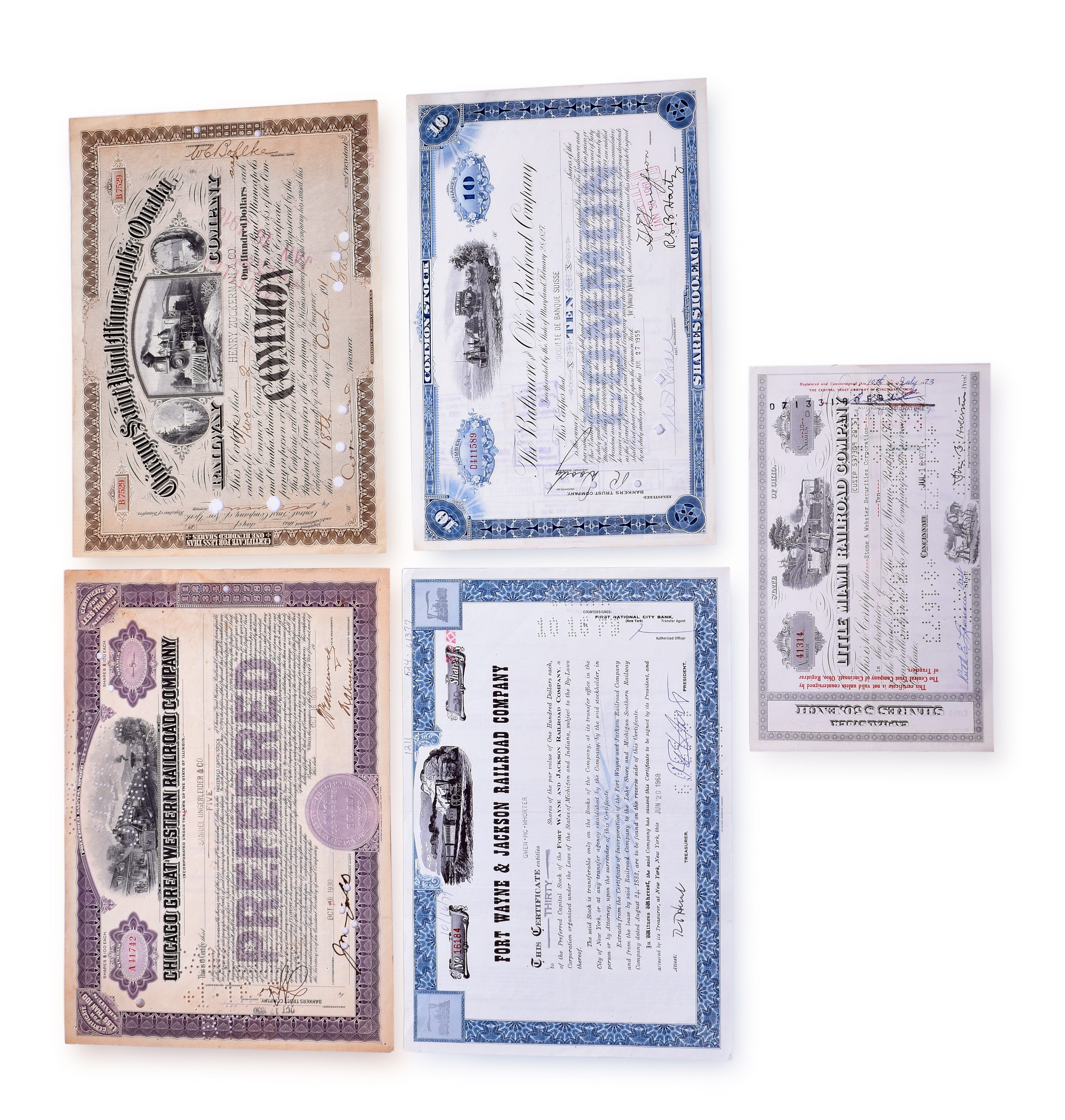 3238 - Five Railroad Stock Certificates - Little Miami, Fort Wayne & Jackson, B&O, Chicago Great Western, etc. thumbnail