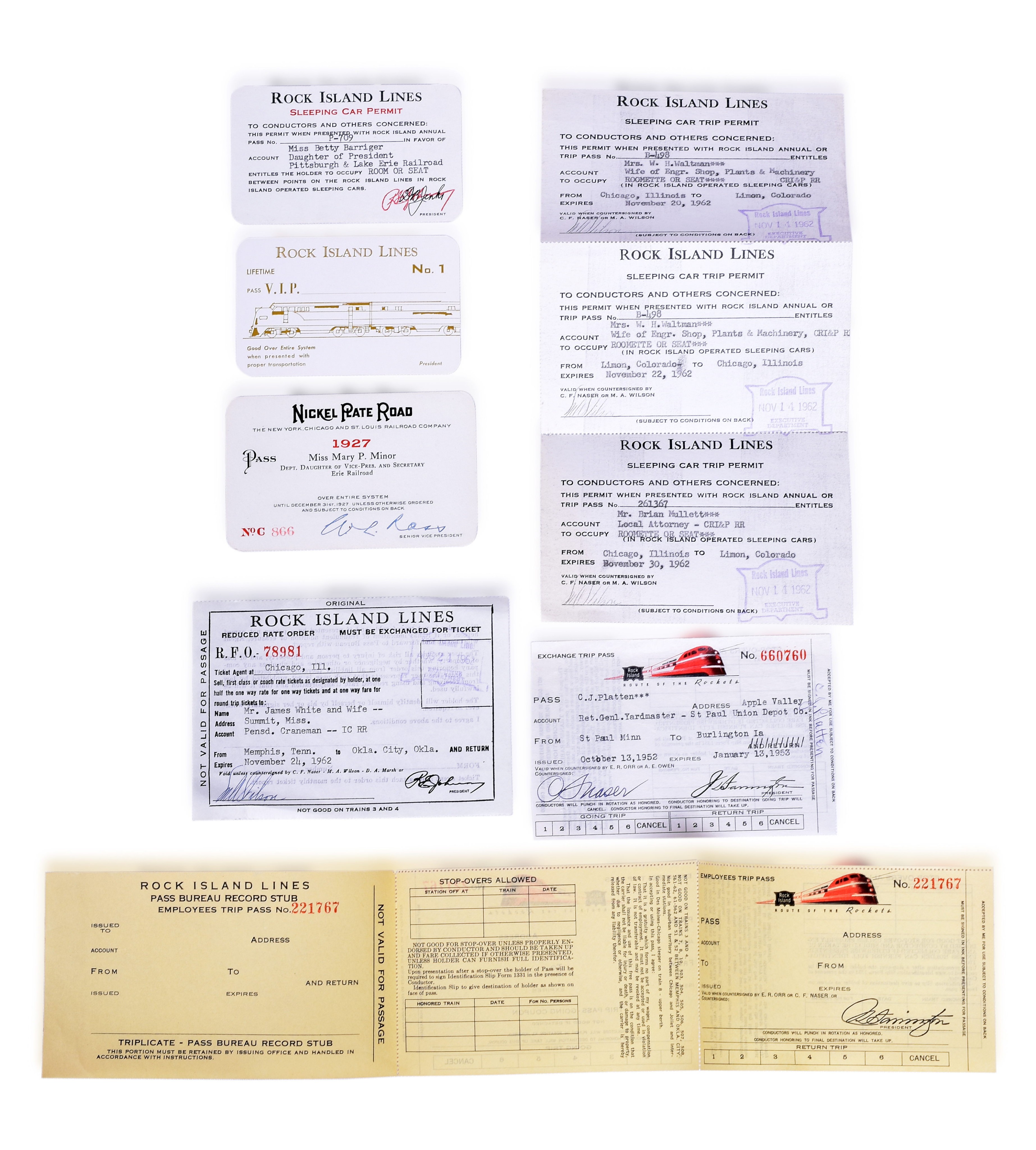 3240 - Rock Island Railroad V.I.P. Lifetime Pass, Nickel Plate 1927 Pass, Rock Island Sleeping Car Pass, Employee Trip Passes thumbnail