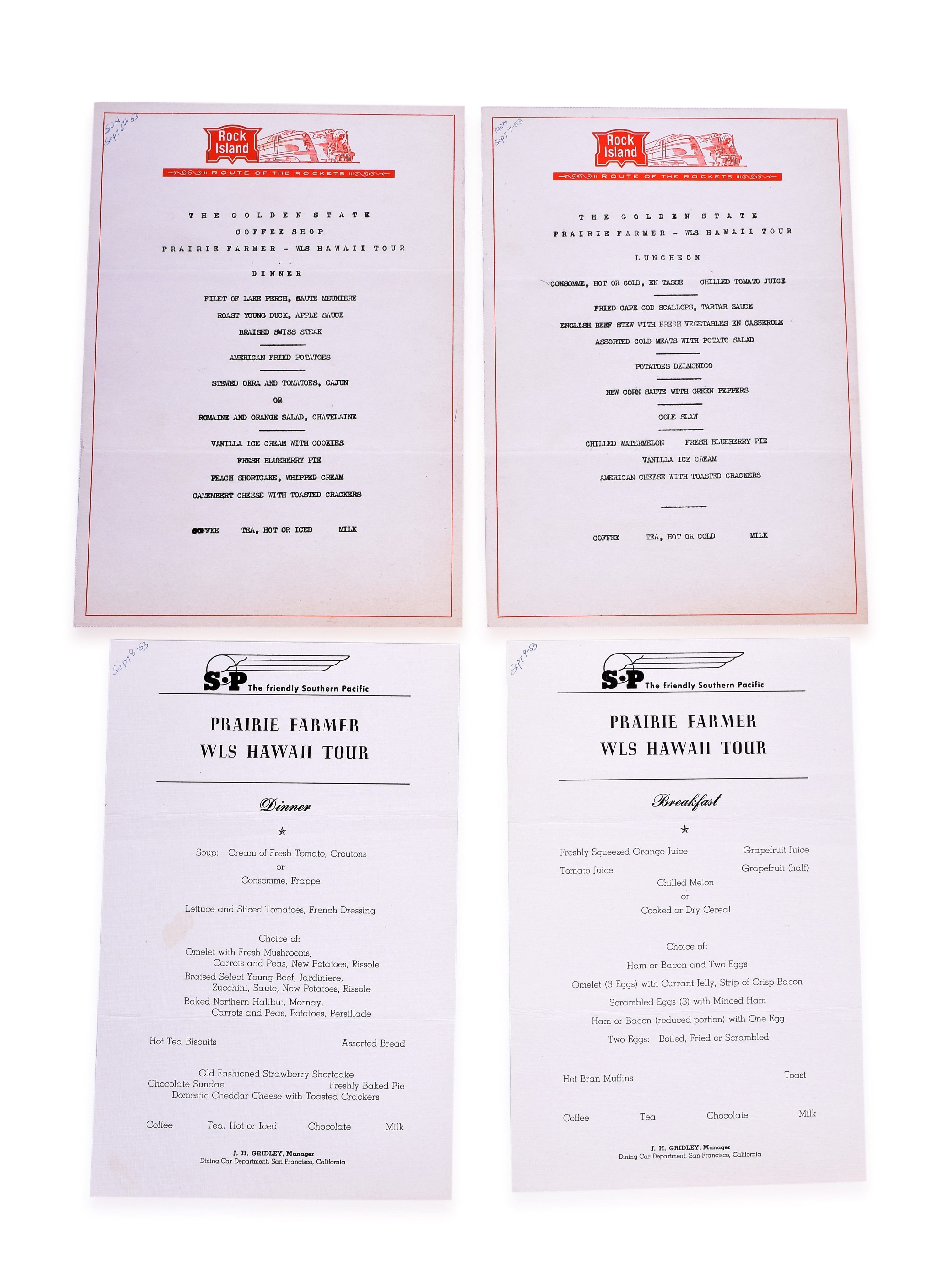 3241 - Golden State, Chicago, Rock Island, Southern Pacific and Pacific Railroad Prairie Farmer WLS Hawaii Tour Menus thumbnail