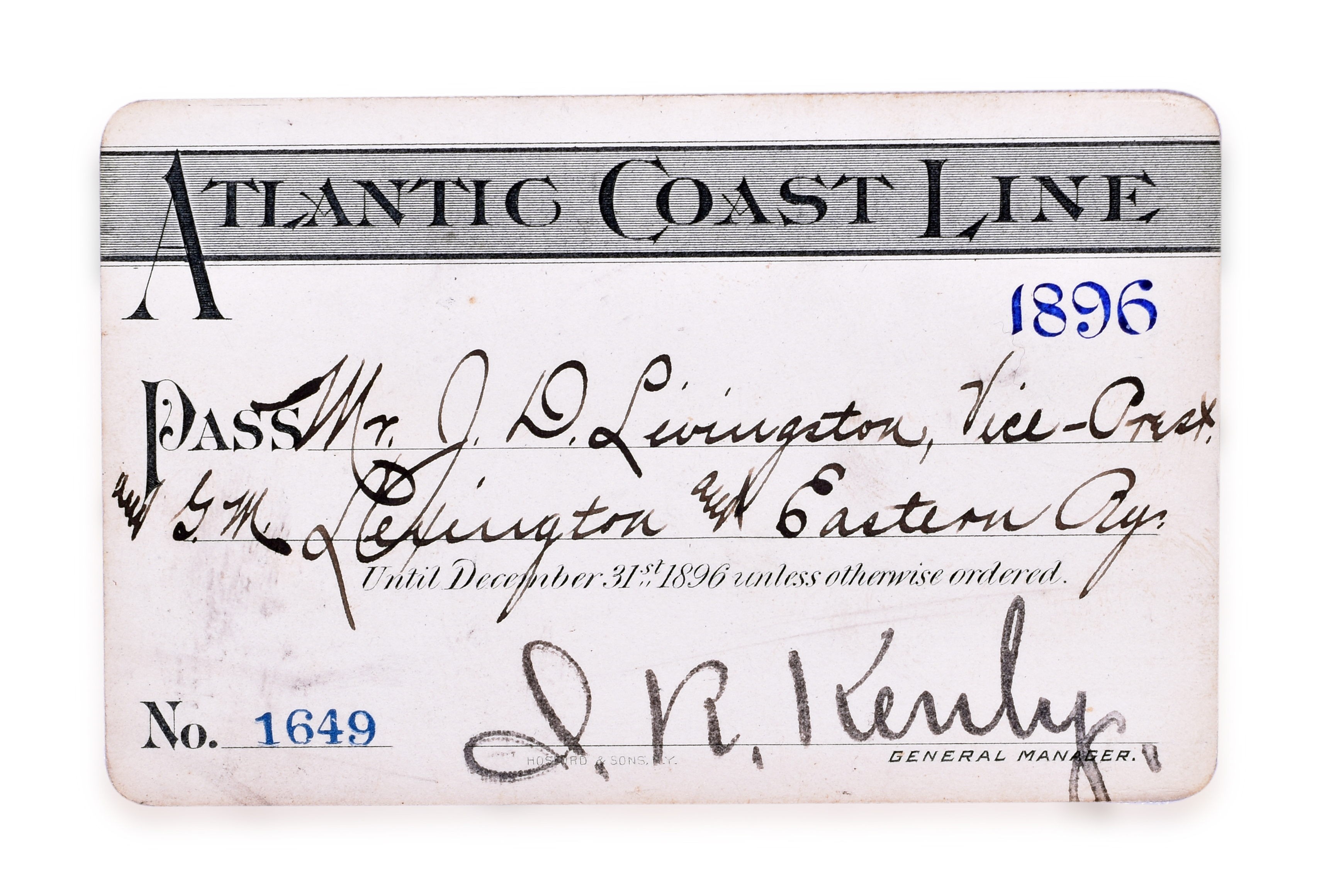 3243 - Atlantic Coast Line 1896 Annual Pass thumbnail