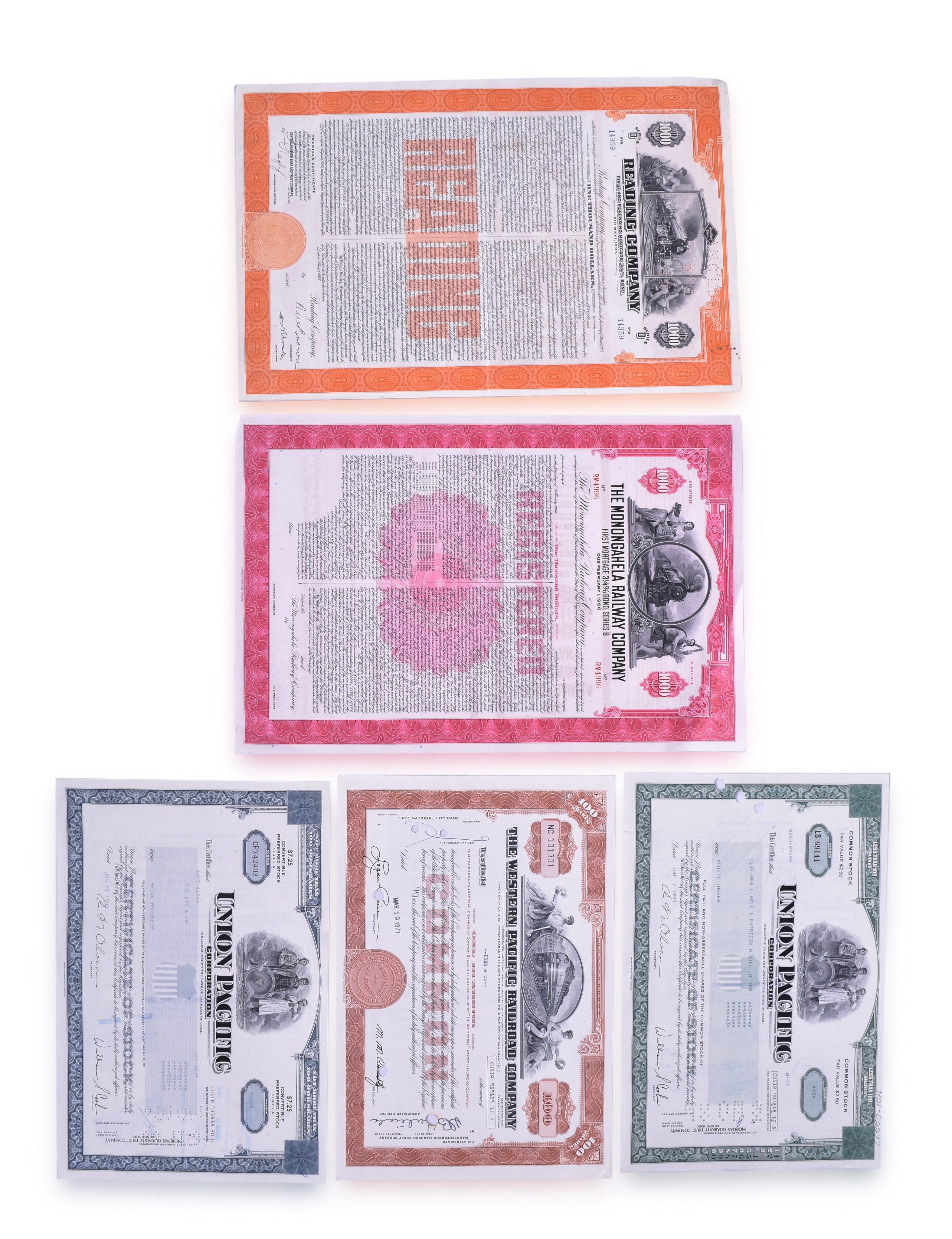 3244 - Five Railroad Stock and Gold Bond Certificates - Reading, Monongahela, Union Pacific, Western Pacific thumbnail