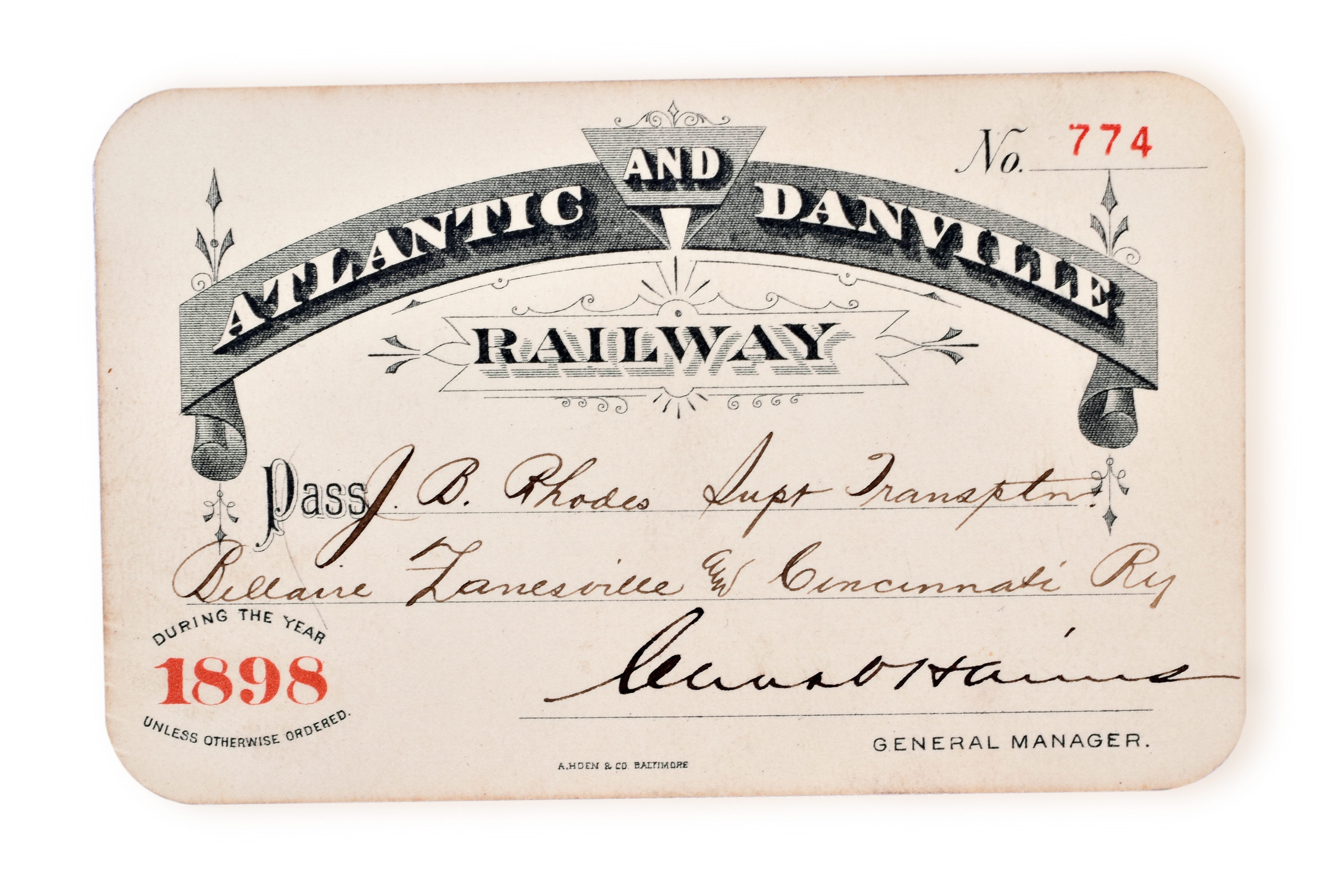 3246 - 1898 Atlantic and Zanville Railway Annual Pass thumbnail