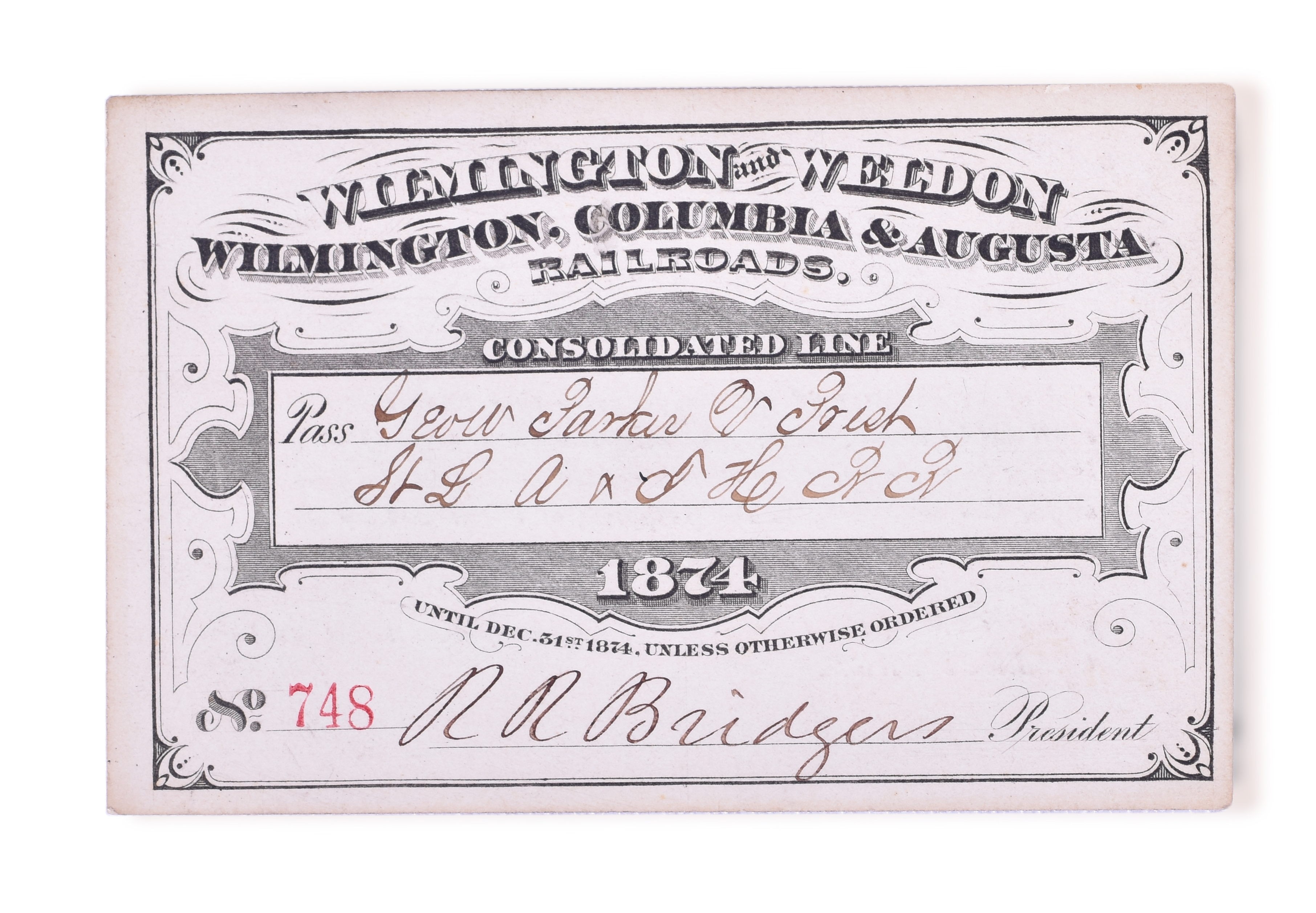 3252 - 1874 Wilmington, Columbia & Augusta Railroad Annual Pass - President Signed thumbnail