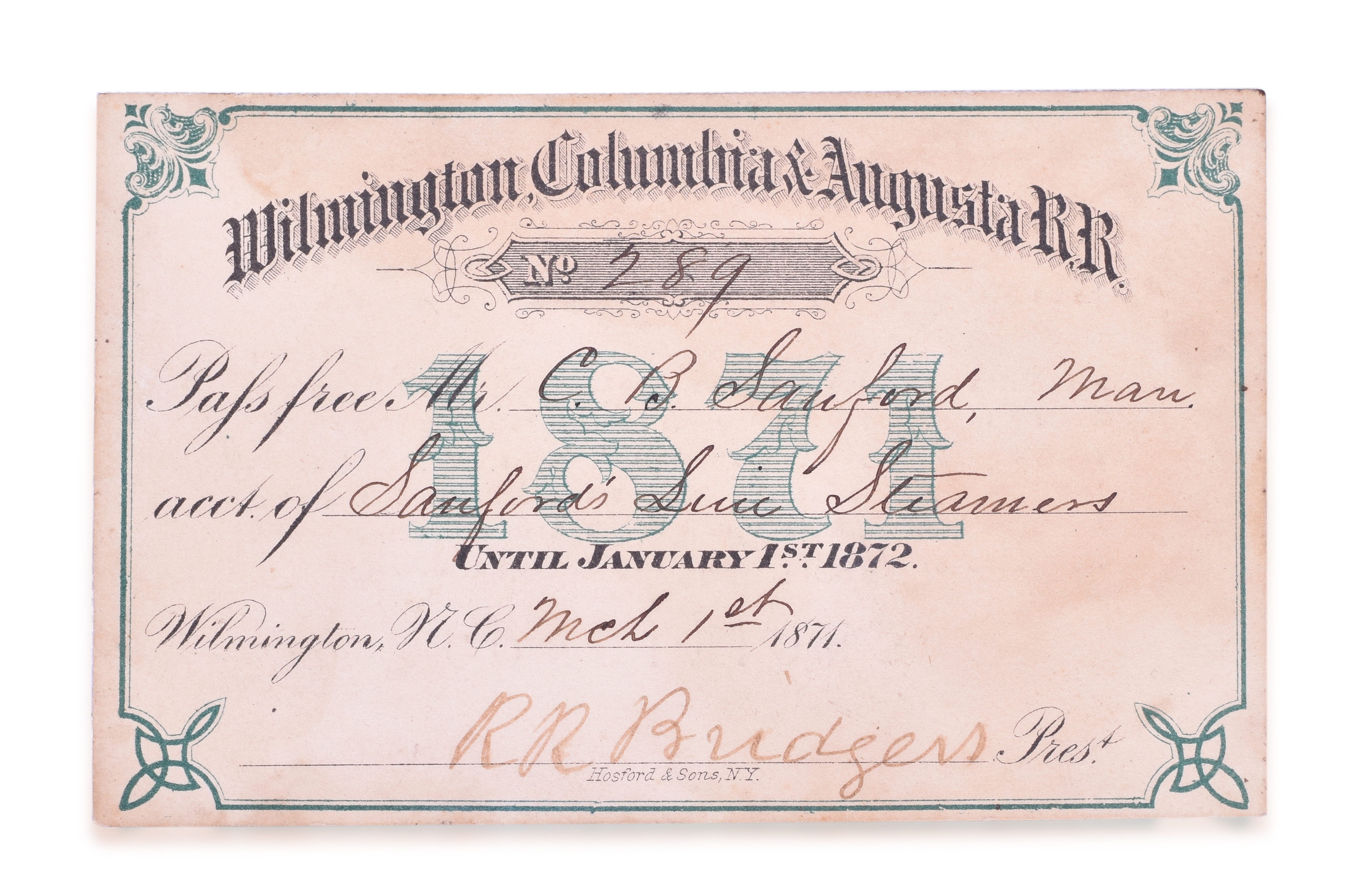 3255 - 1871 Wilmington, Columbia & Augusta Railroad Annual Pass - President Signed thumbnail