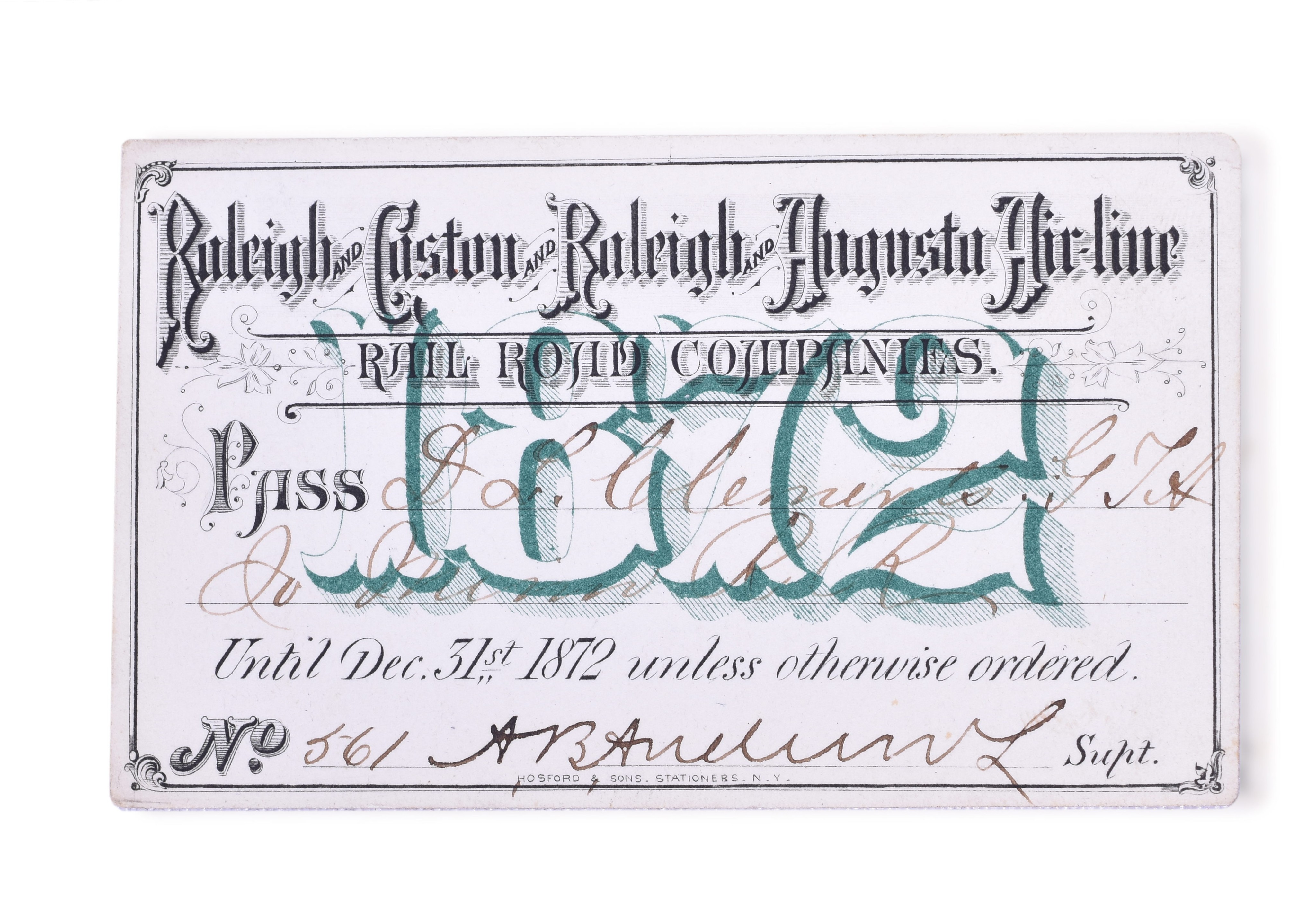 3258 - 1872 Raleigh and Gaston and Raleigh and Augusta Air-Line Railroad Annual Pass thumbnail