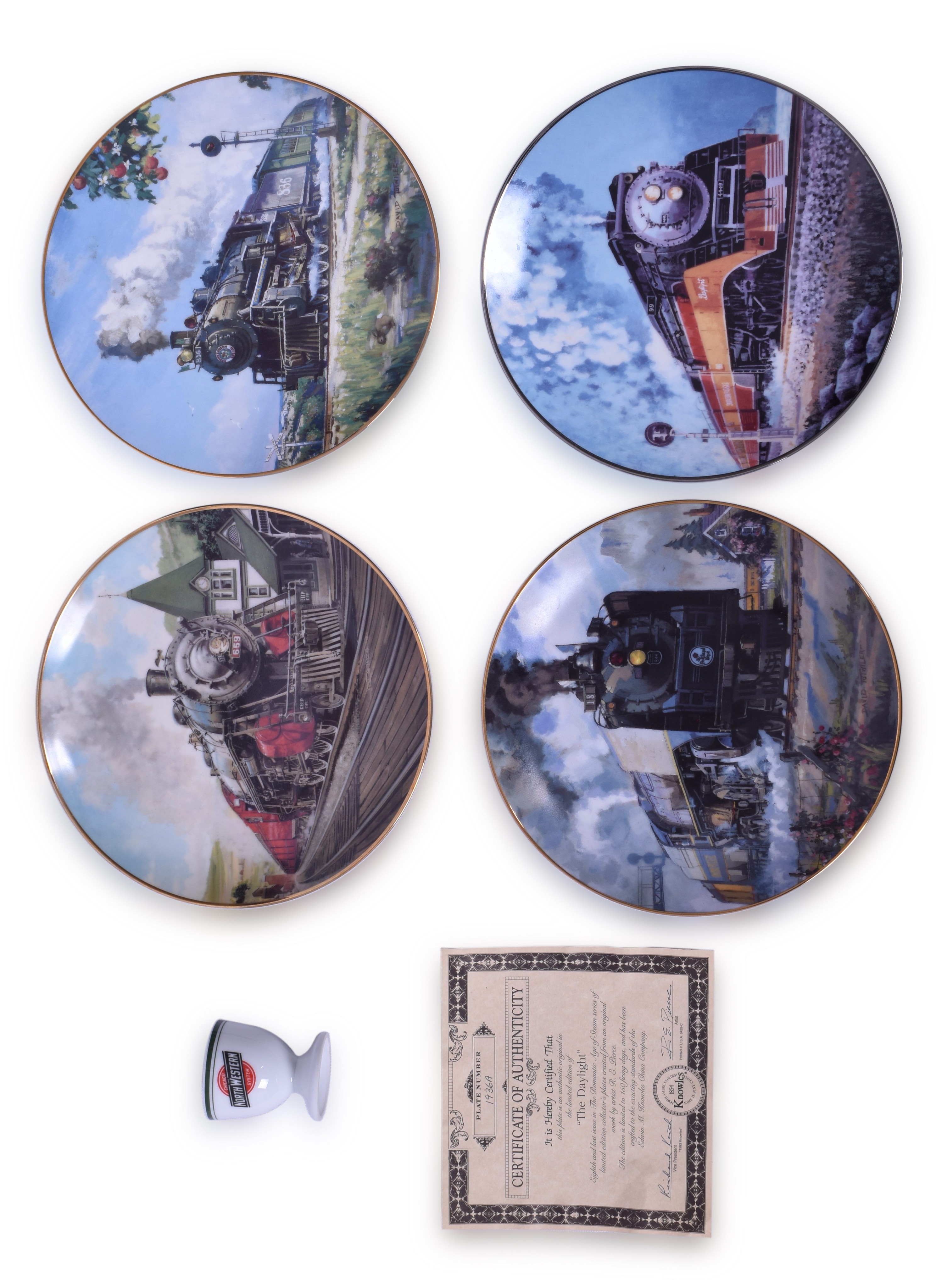 3260 - Four Railroad Engine Collector's Plates created from original by R.E. Pierce, David Tulwiler, Jim Deneen, & North Western Egg Cup thumbnail