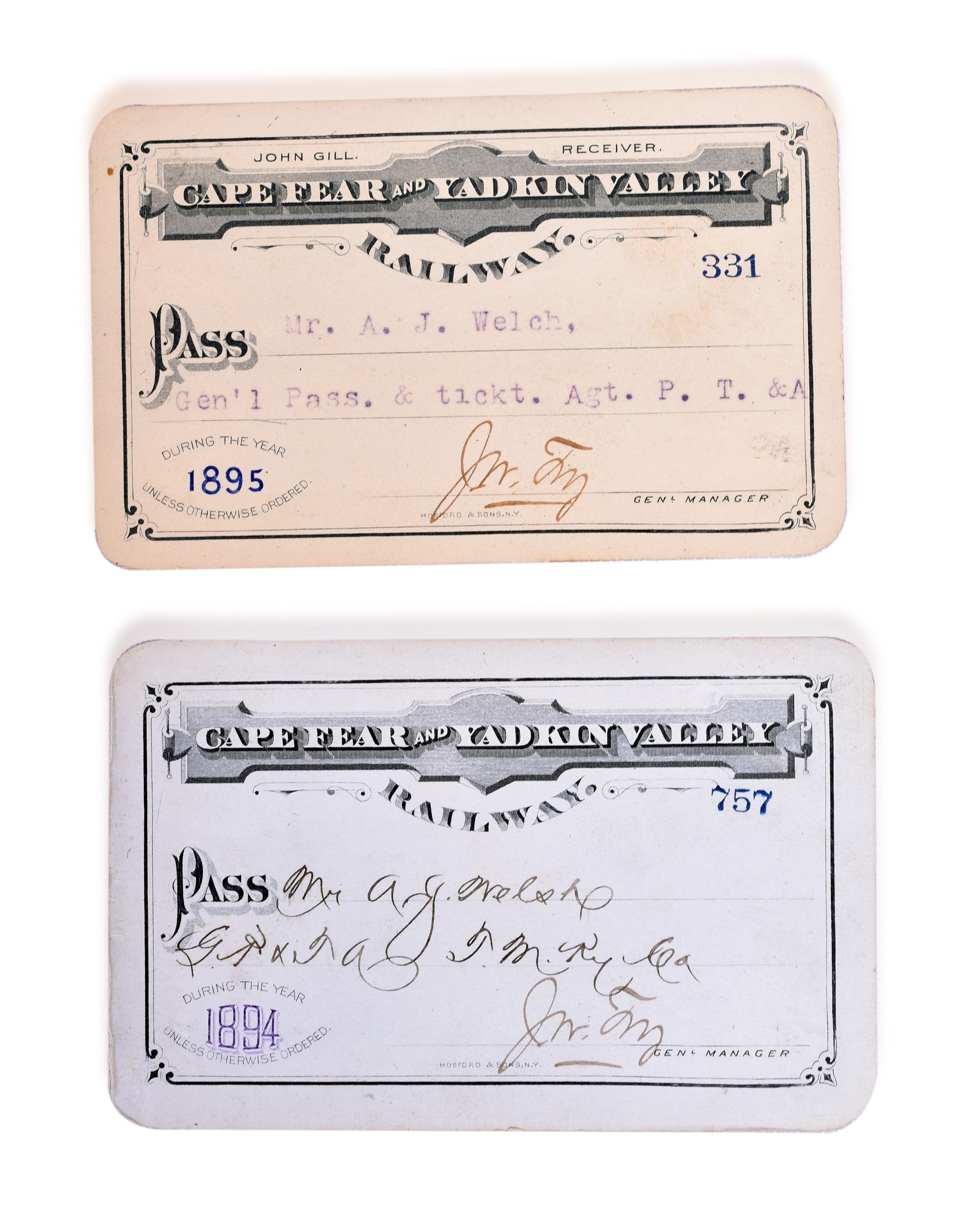 3261 - 1894 and 1895 Cape Fear and Yadkin Valley Railway Annual Passes thumbnail