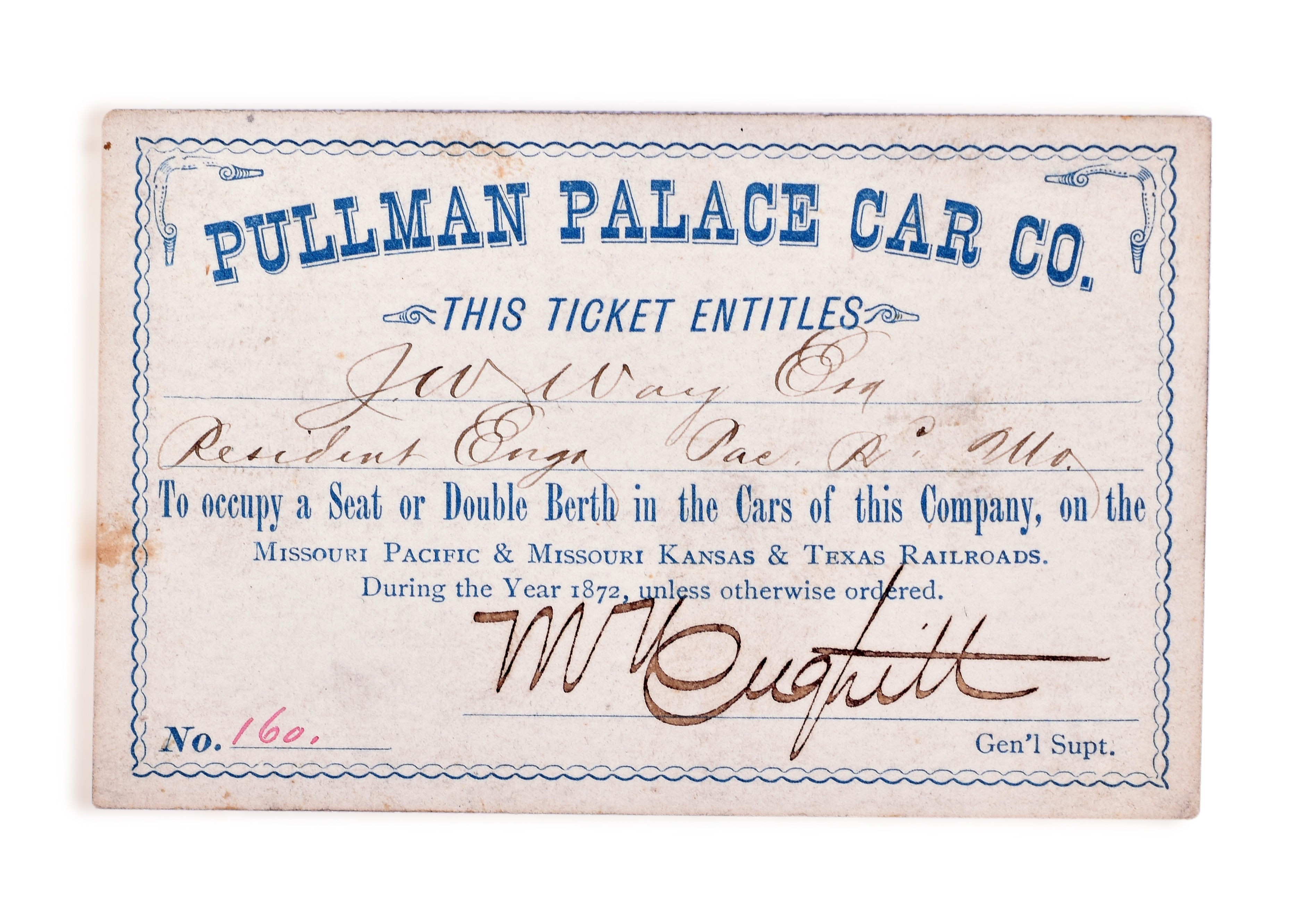 3264 - 1872 Pullman Palace Car / Missouri, Kansas and Texas Railroad Pass thumbnail