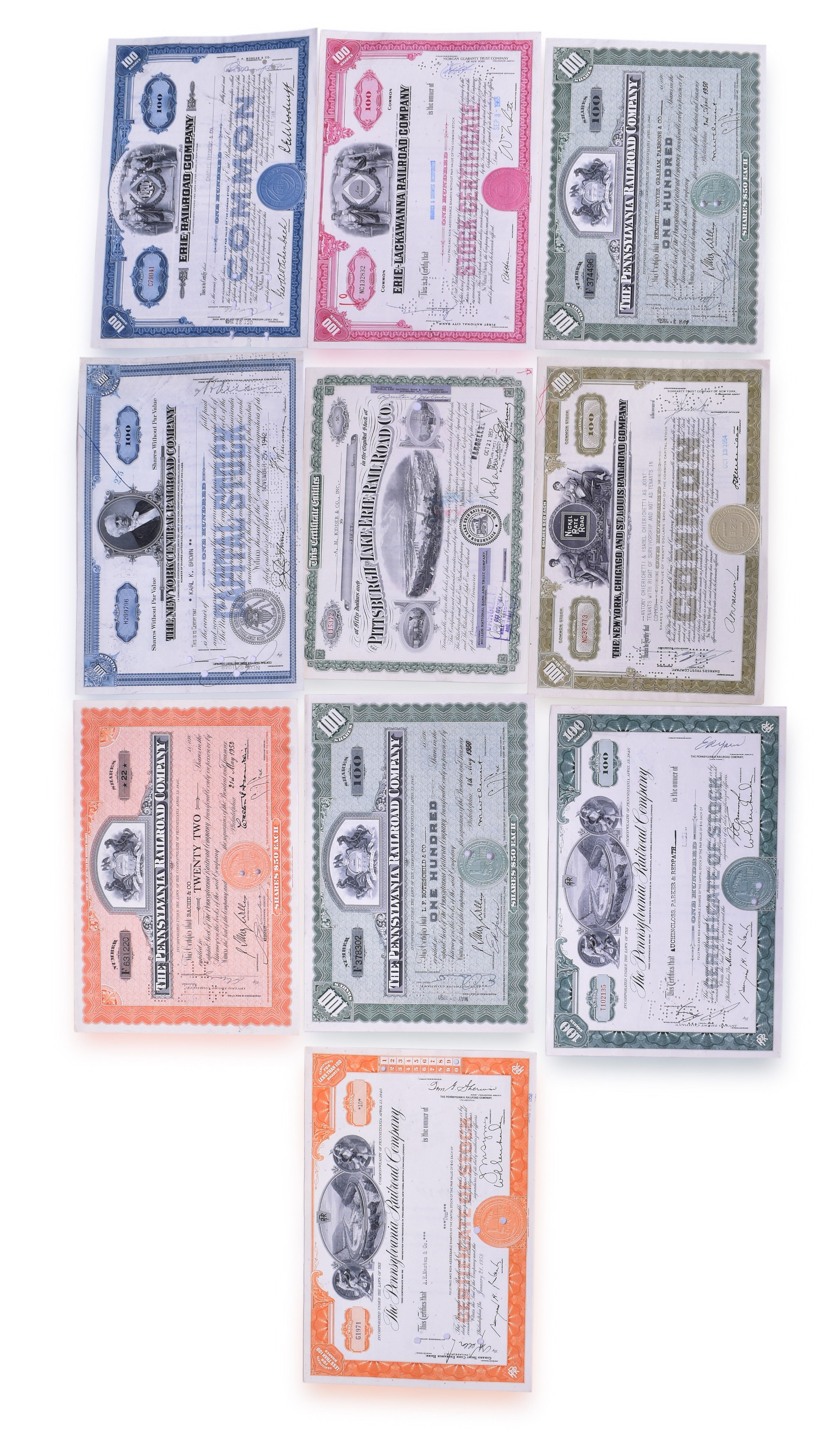 3268 - Ten Railroad Stock Certificates New York Central, Pennsylvania, Erie, Nickel Plate, etc. thumbnail