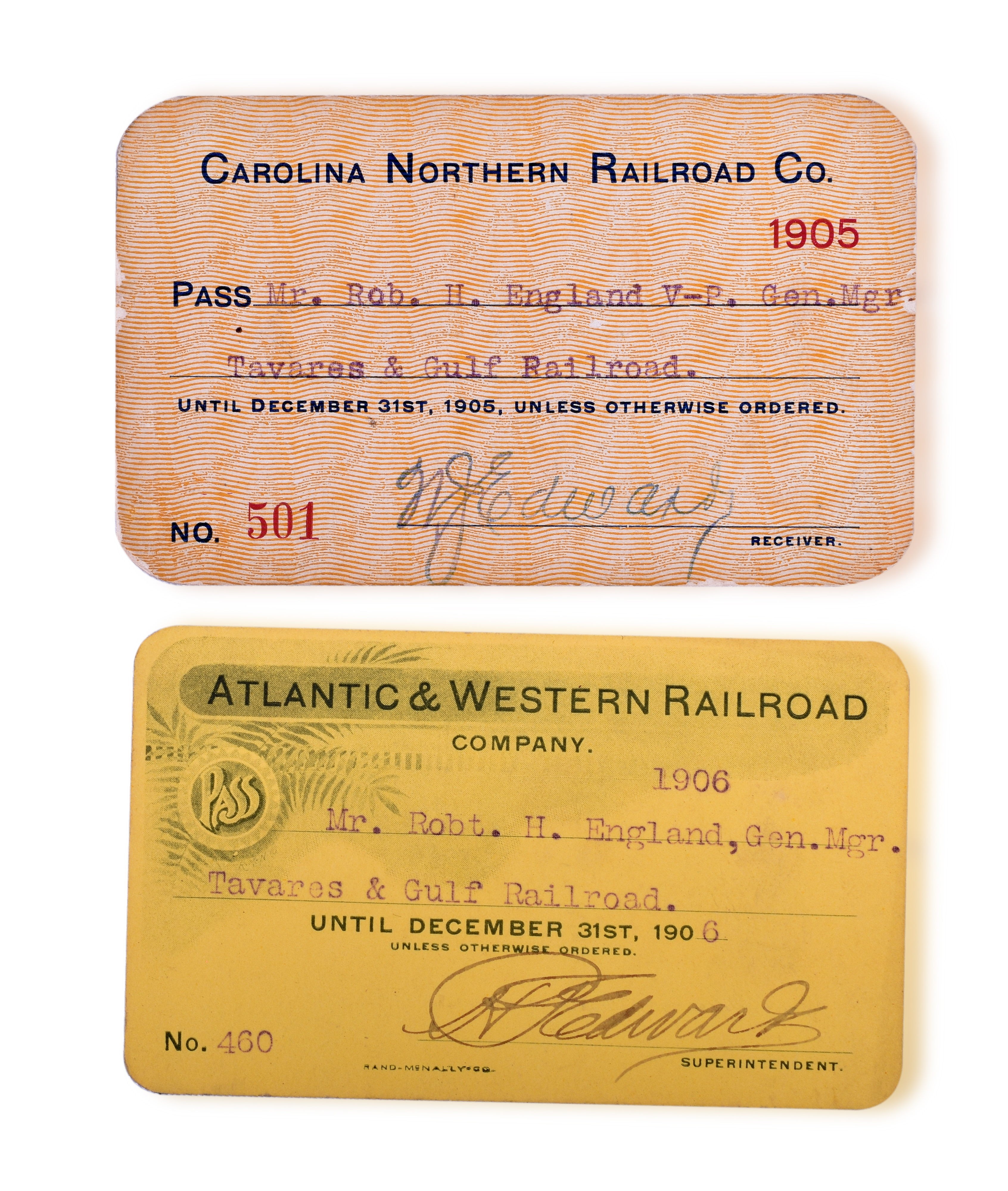 3270 - Atlantic & Western 1906 and 1905 Carolina Northern Railroad Annual Passes thumbnail