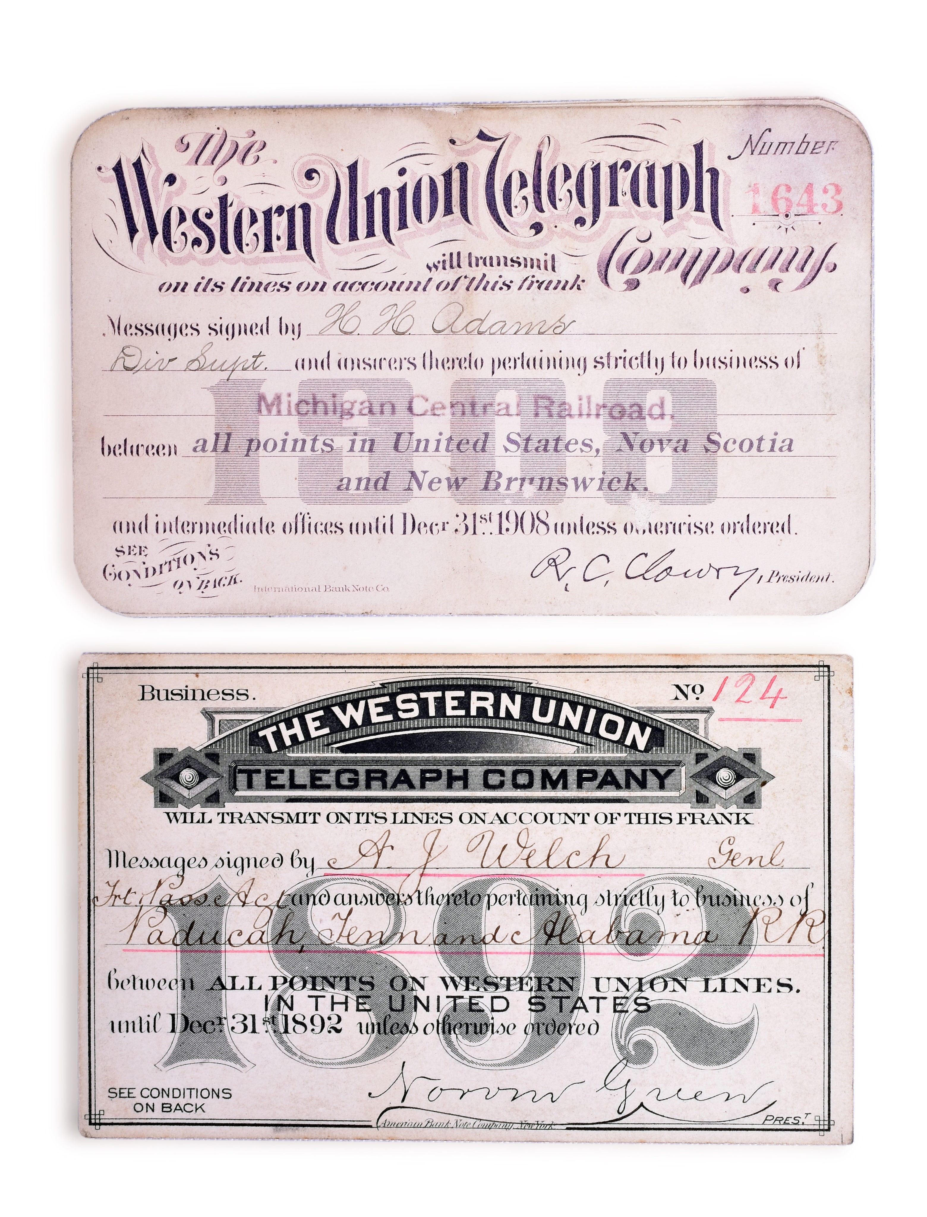 3273 - 1892 and 1908 Western Union Telegraph Annual Passes thumbnail