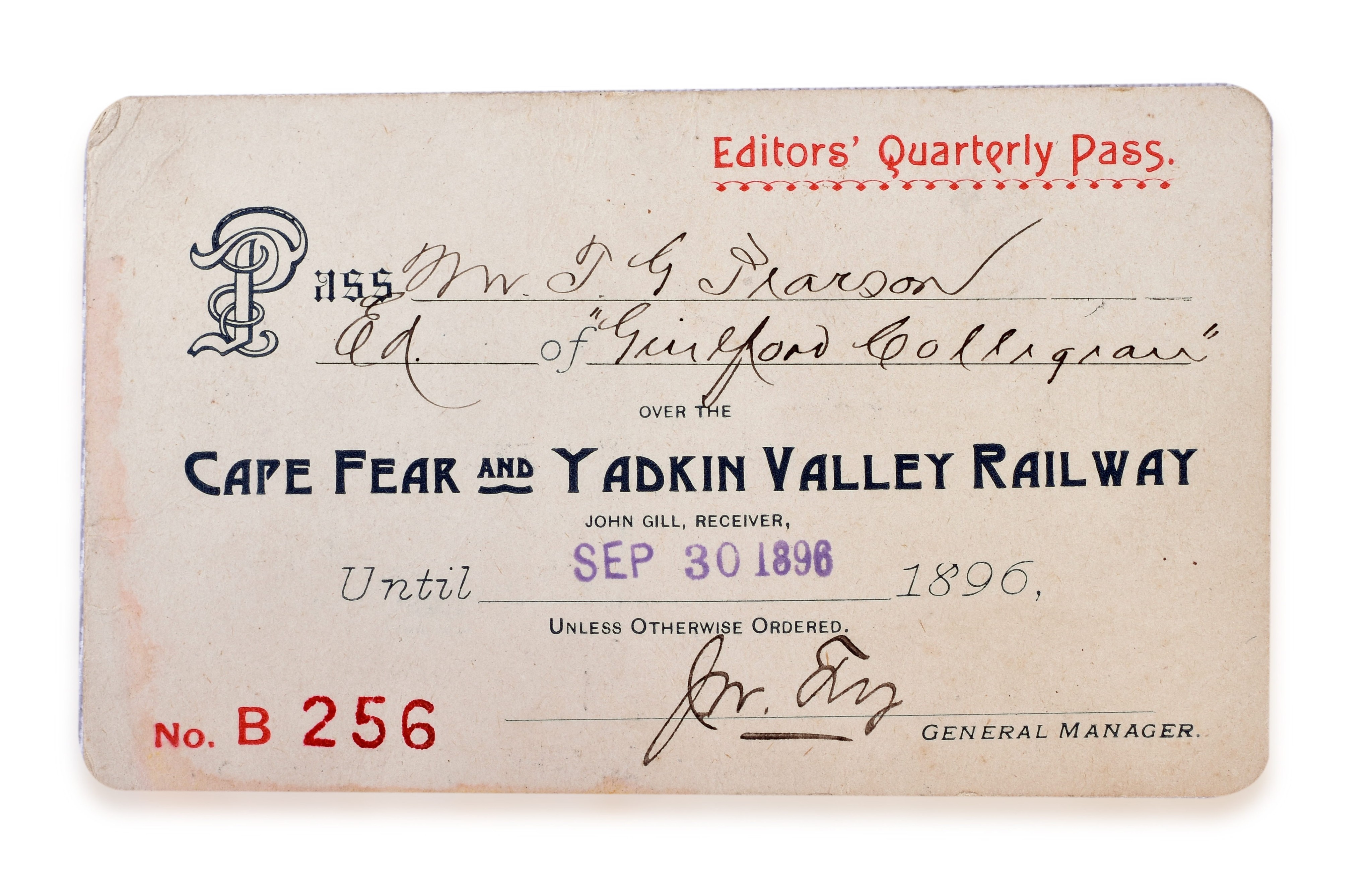 3276 - Cape Fear and Yadkin Valley 1896 - Editors Quarterly Pass thumbnail