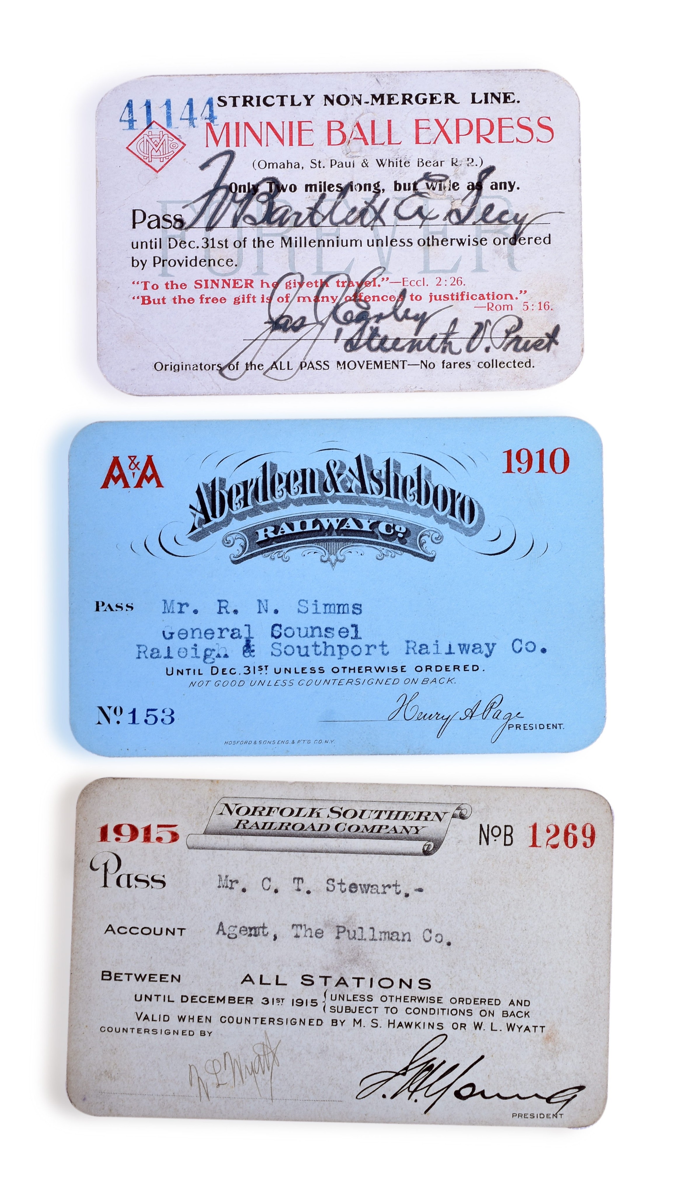 3279 - Three Annual Railroad Passes 1915 Norfolk Southern, 1910 Aberdeen & Asheboro, Minnie Ball Express - Minnie Harvester Company thumbnail