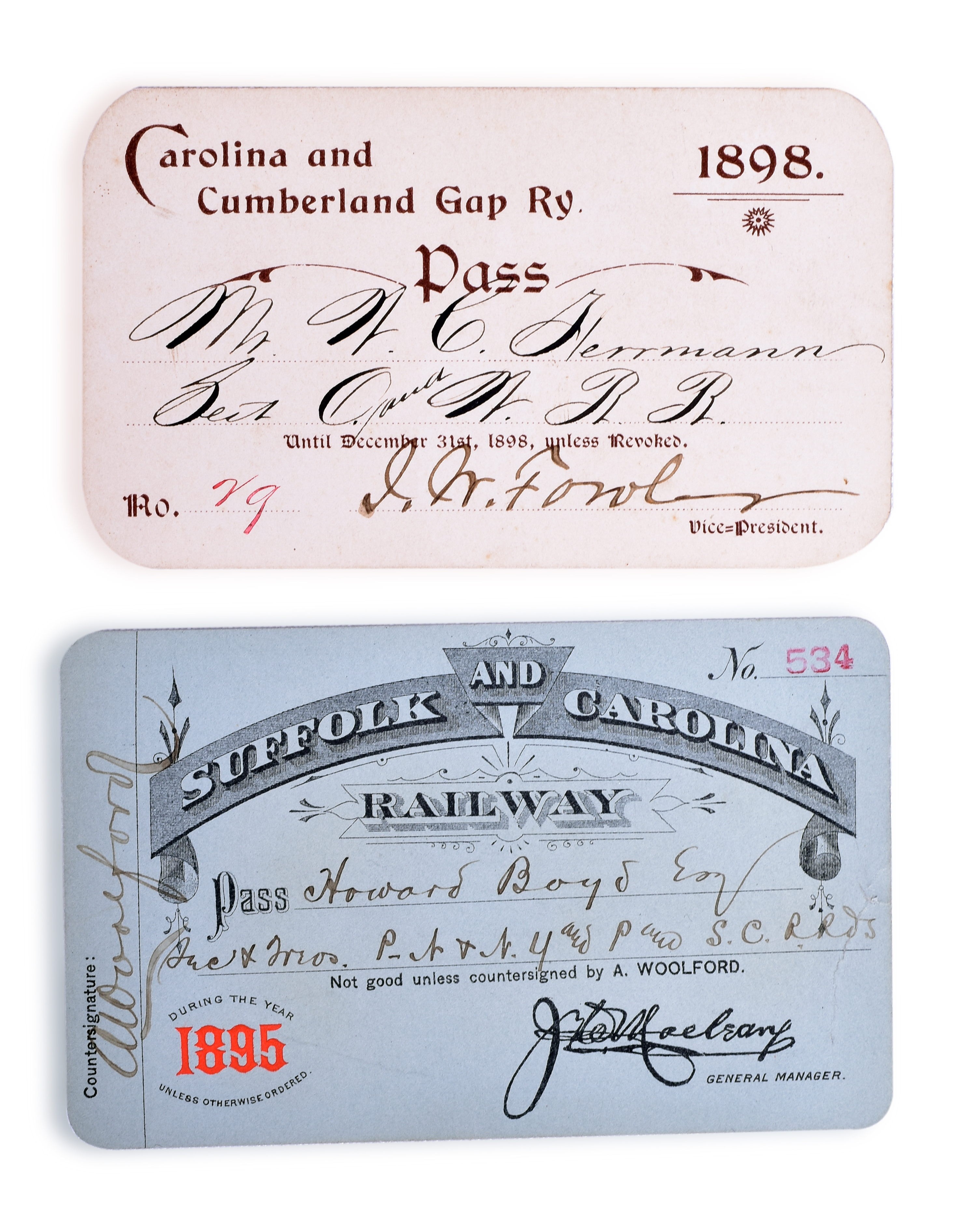 3281 - 1898 Carolina and Cumberland Gap and 1895 Suffolk and Carolina Annual Railroad Passes thumbnail