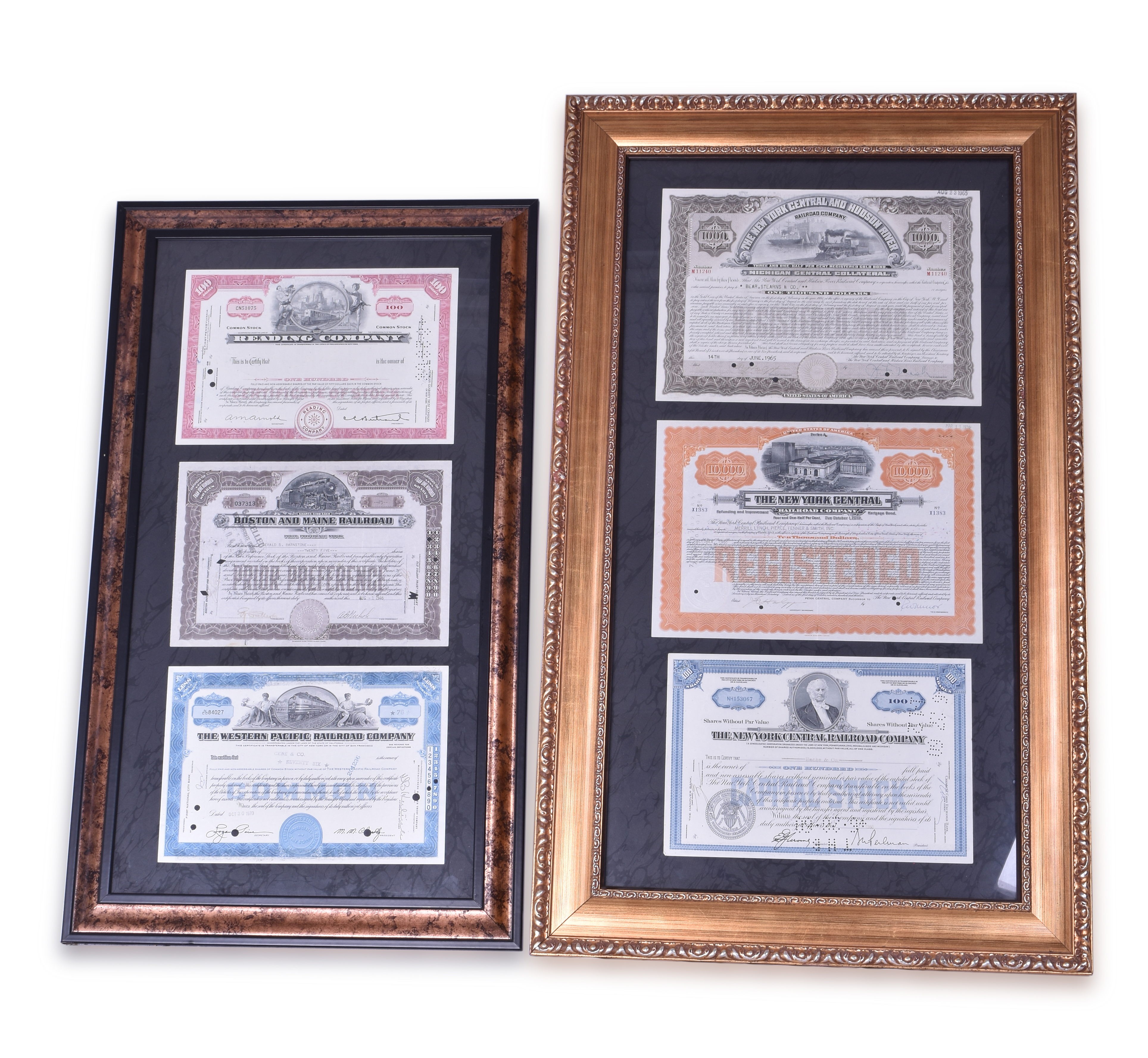 3300 - Six Framed Railroad Stock Certificates - Reading, Boston and Maine, Western Pacific, New York Central and Hudson River, and two New York Central thumbnail