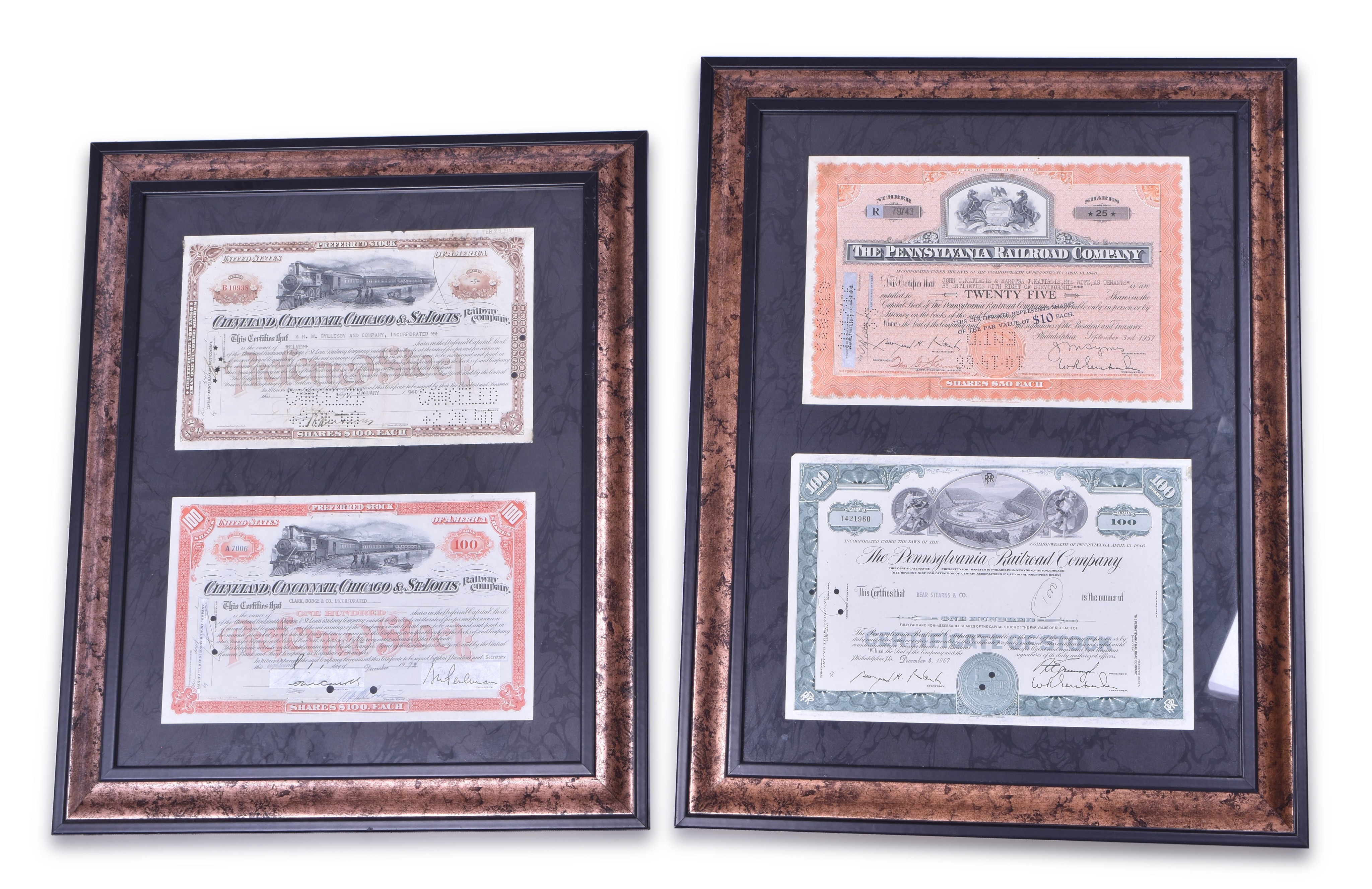 3302 - Eight Framed Railroad Stock Certificates - Pennsylvania, Big Four, GM&O, Boston and Maine, Missouri Pacific, and Western Maryland thumbnail