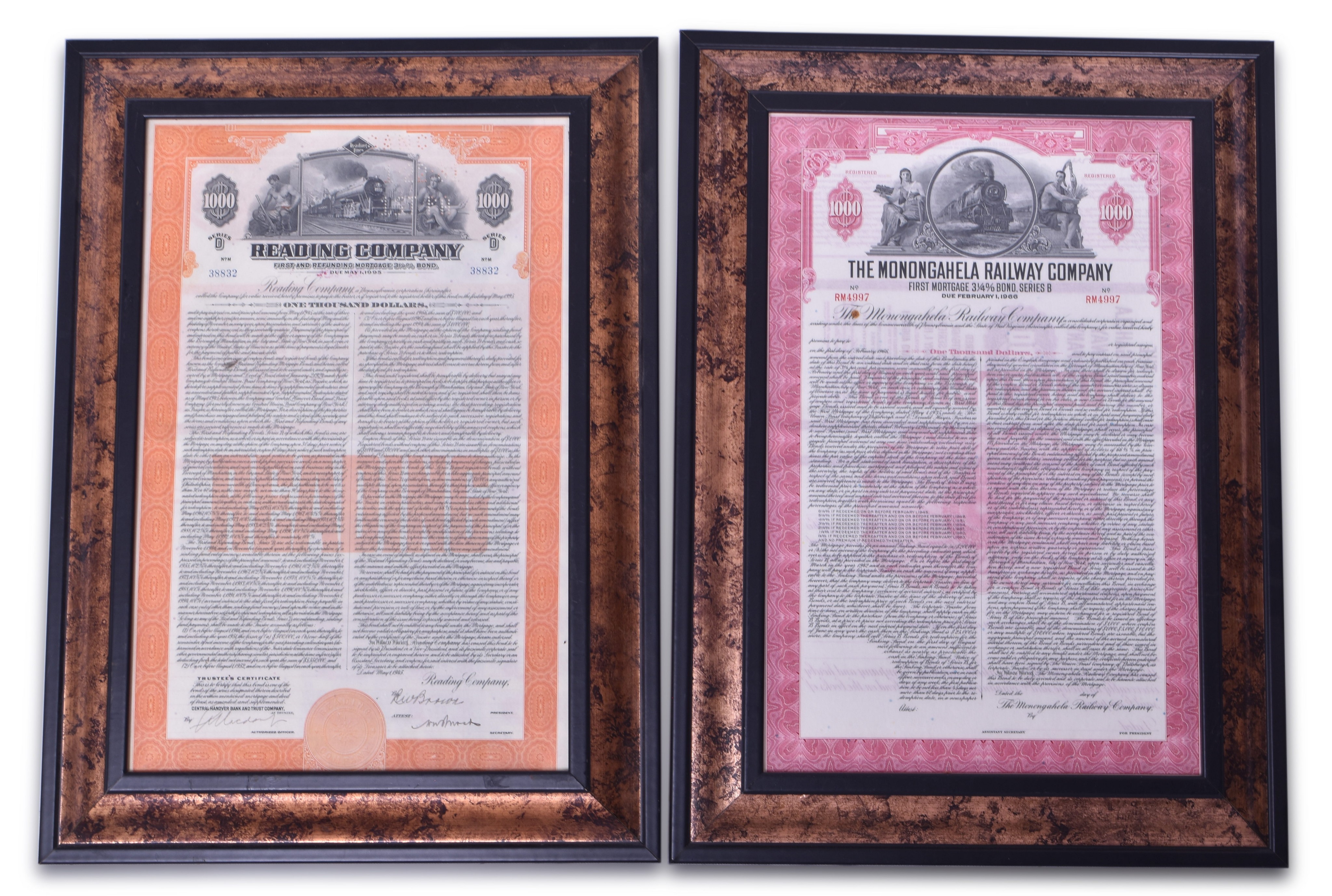 3308 - Five Framed Railroad Stocks and Gold Bonds - Santa Fe, Reading, New York Connecting Railroad, etc. thumbnail