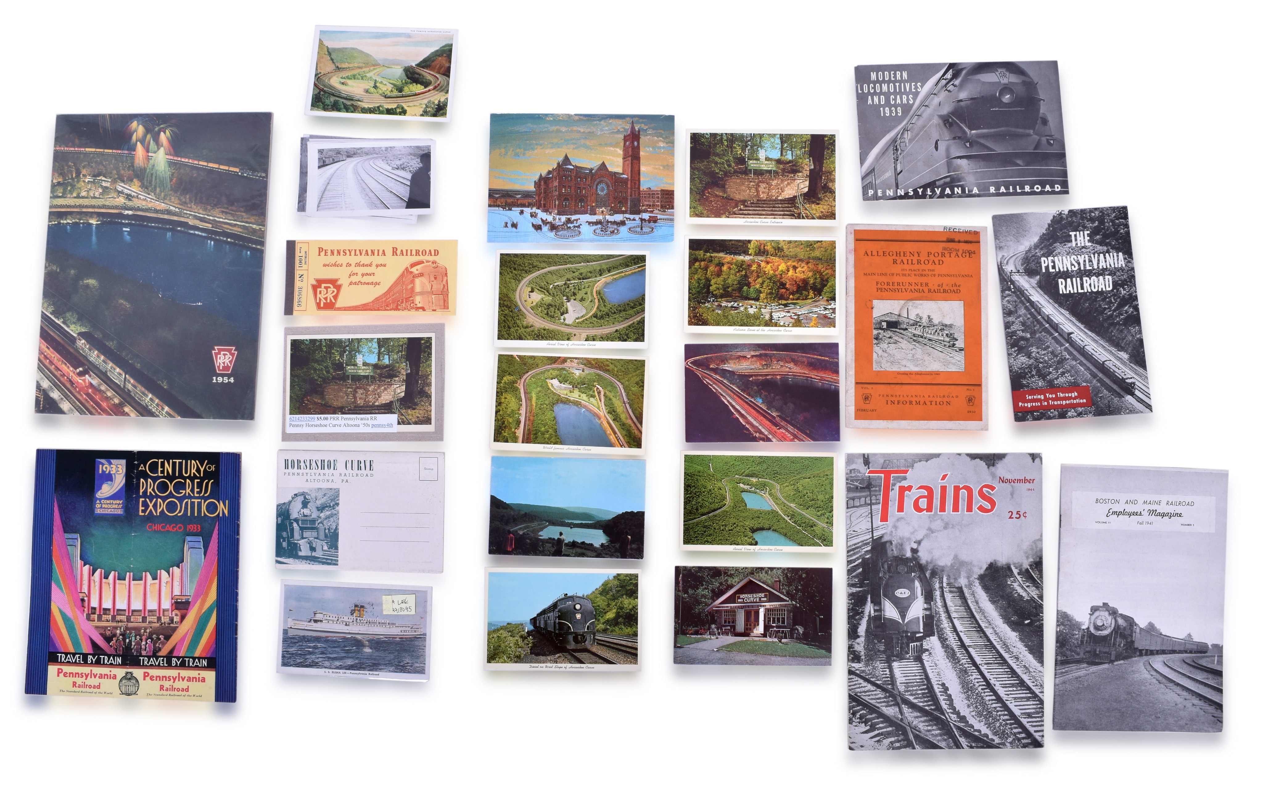 3339 - Pennsylvania Railroad Boston & Maine Railroad, Horseshoe Curve Photos, Postcards, 1930 Booklets, 1939 Booklets, Trains Magazine 1944, 1933 World's Fair Booklet's & 1954 108th Annual Report. thumbnail