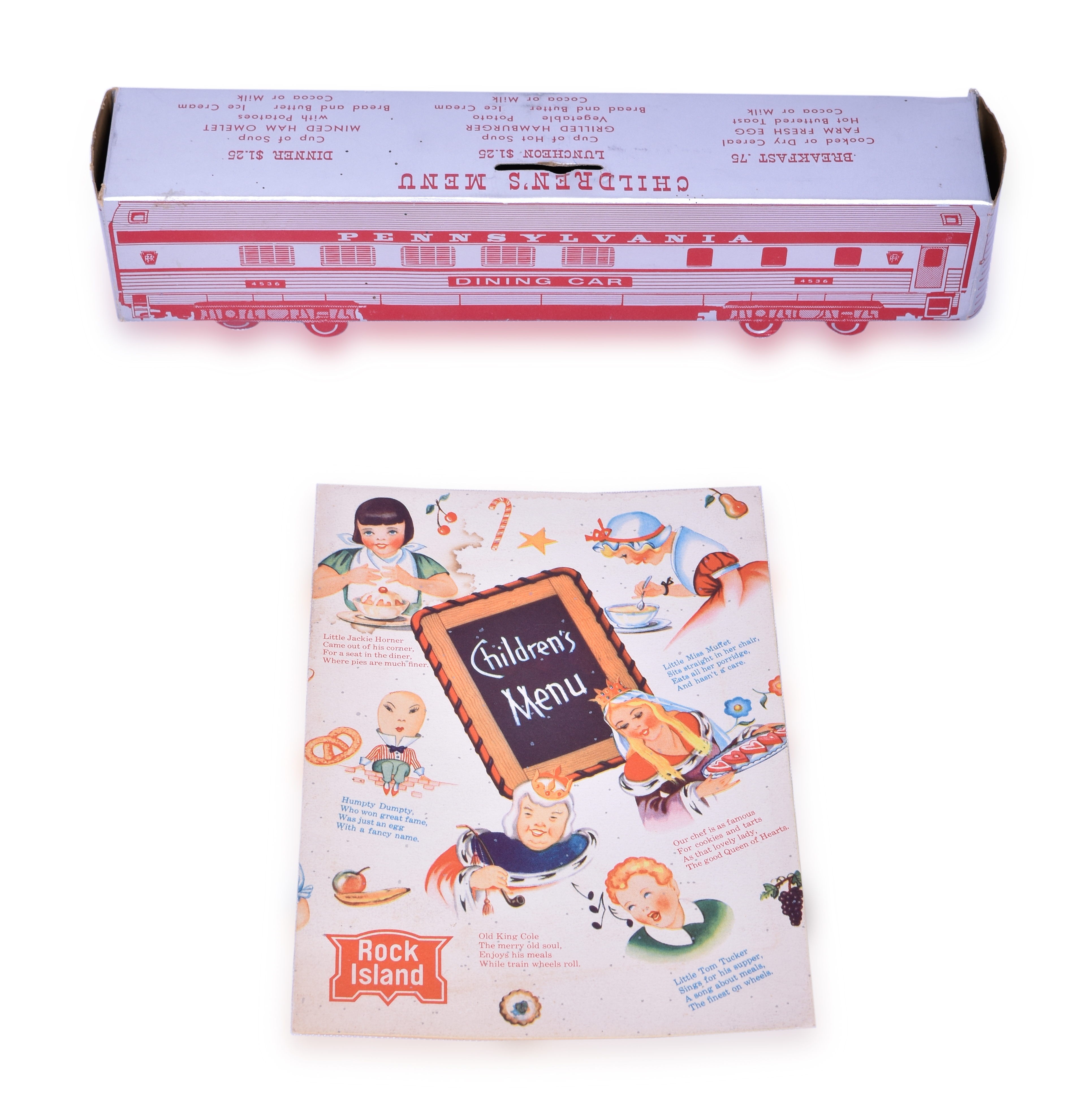 3343 - The Chicago, Rock Island and Pacific Railroad Children's Nursery Rhyme Menu & Pennsylvania Railroad Dining Car Children's Piggy Bank Menu thumbnail