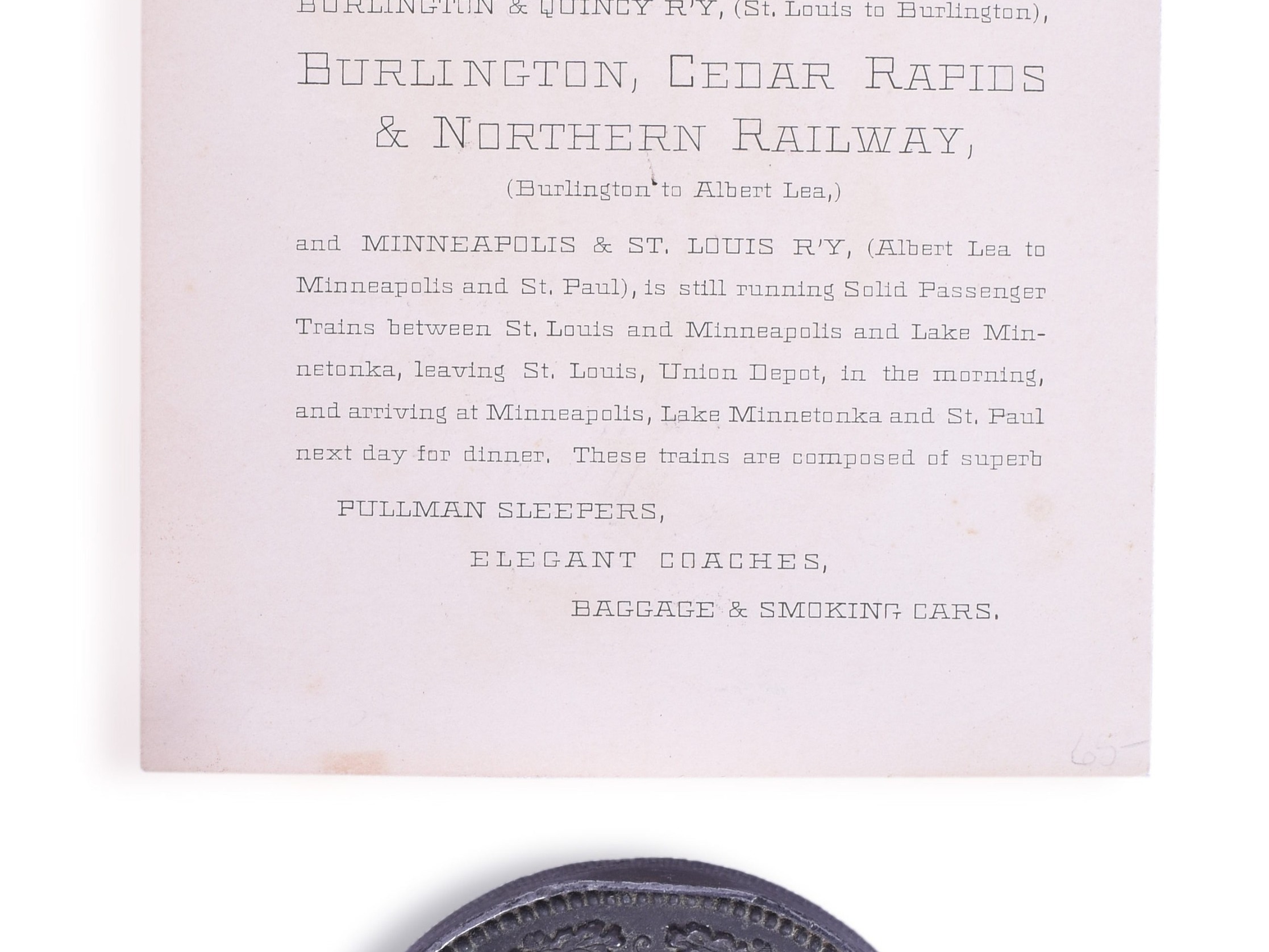 3338 - Burlington, Cedar Rapids & Northern Paper Weight and Postcard Notice thumbnail