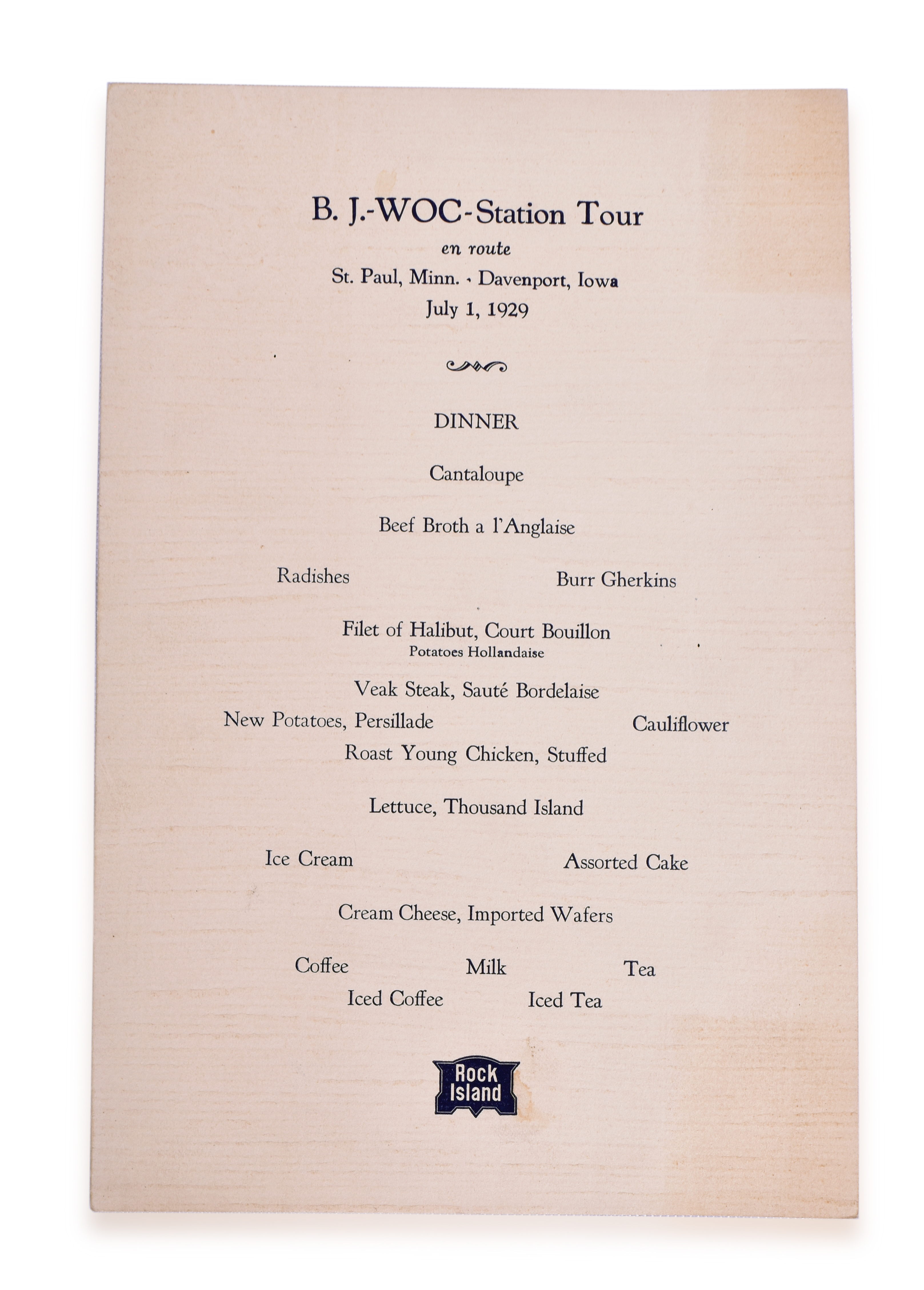 3347 - The Chicago, Rock Island and Pacific Railroad 1929 B.J. - WOC-Station Tour Dinner Menu thumbnail