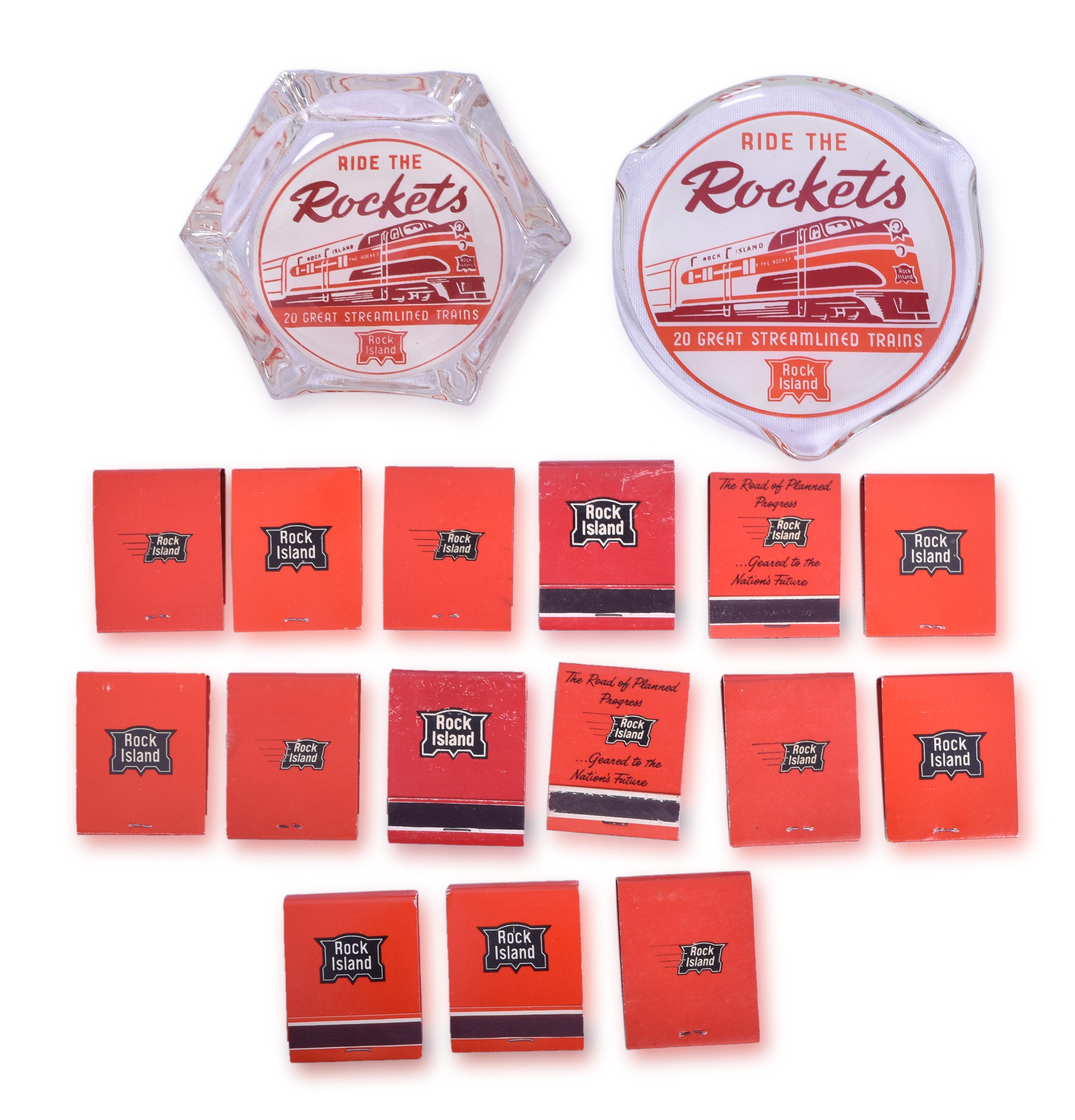 3352 - Rock Island Rocket Glass Ash Trays and Match Books thumbnail