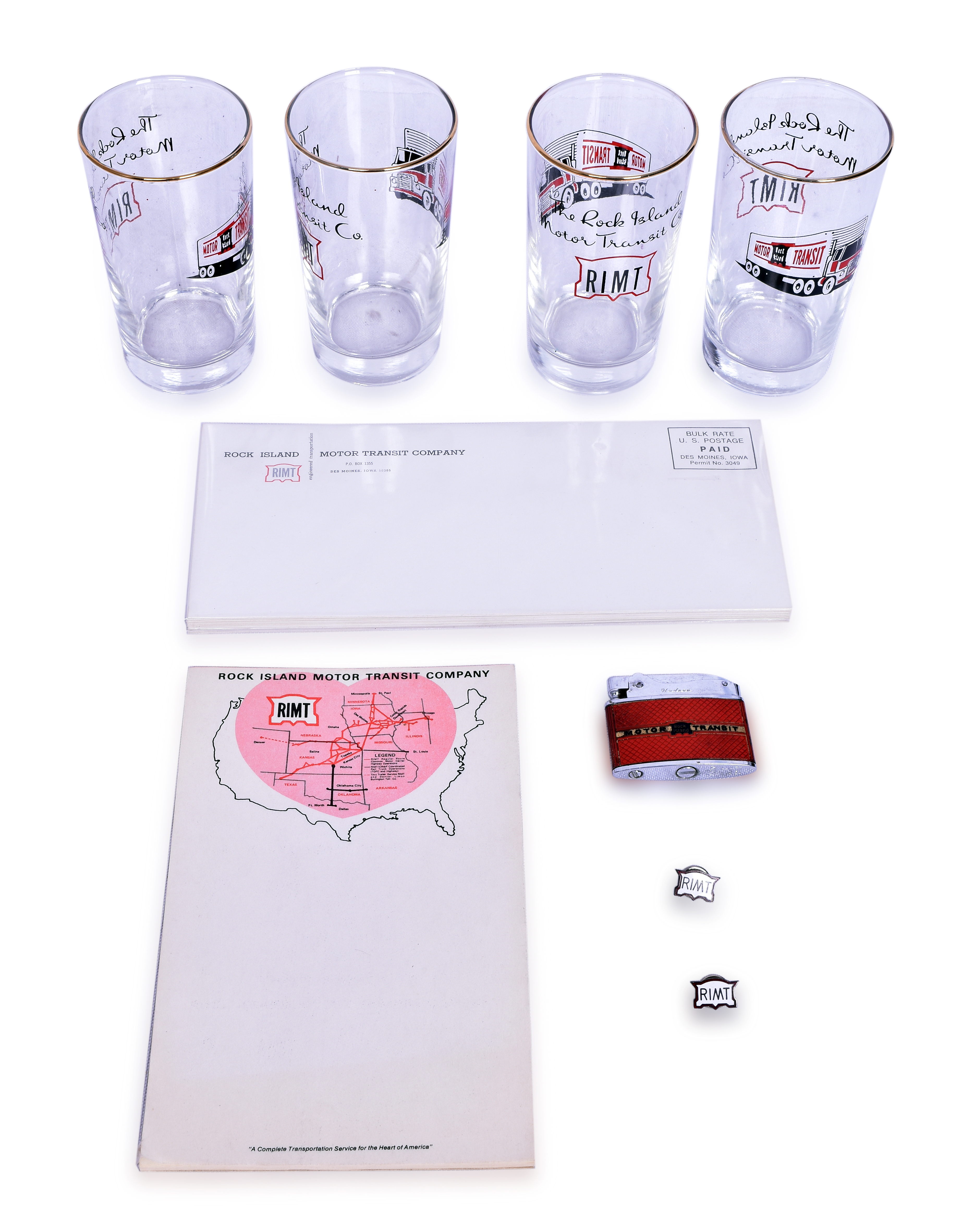 3356 - Rock Island Motor Transit Advertising Smalls Group - Lighter, Glasses, Stationary, Pins thumbnail