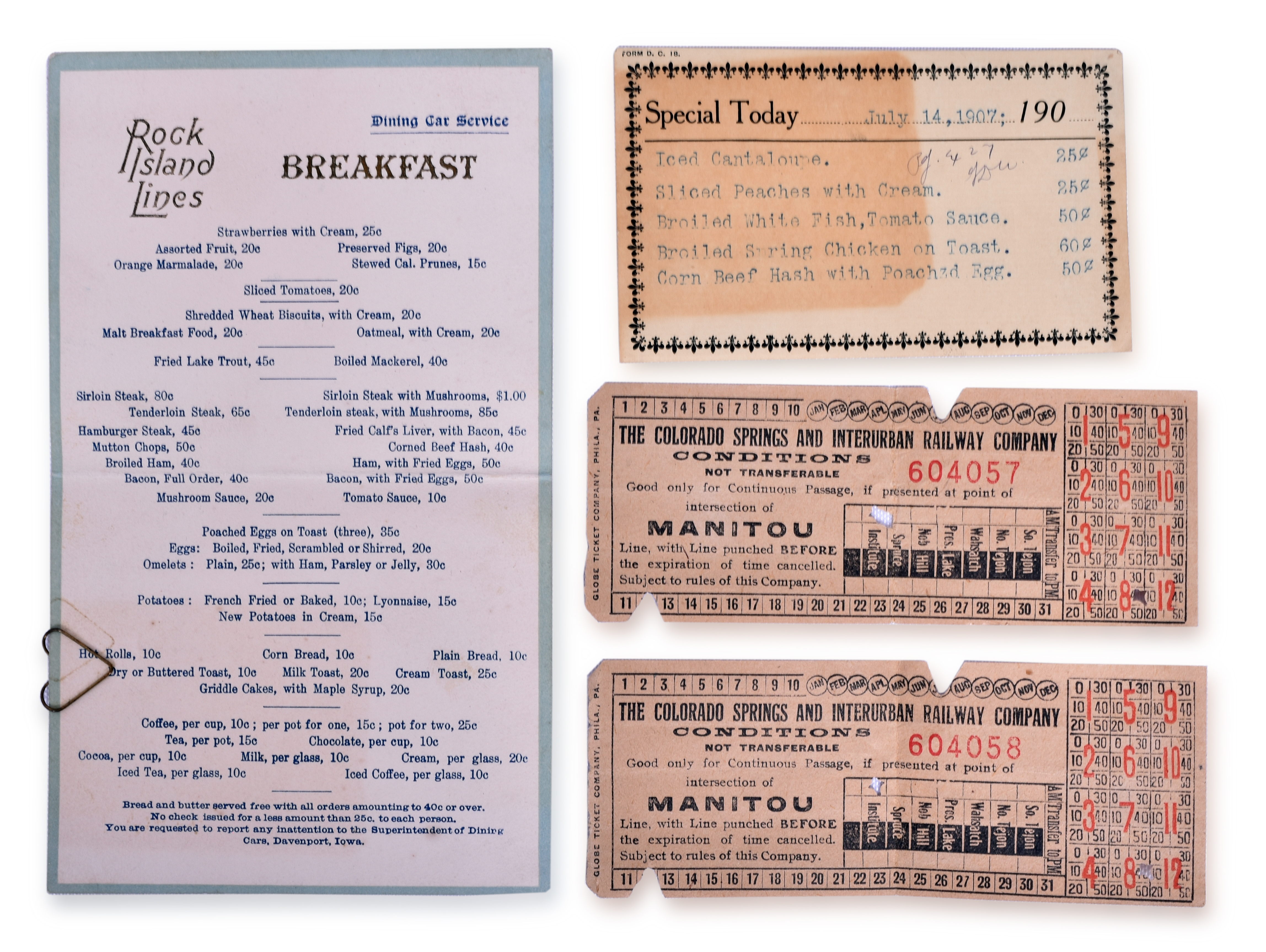 3357 - The Chicago, Rock Island and Pacific & Colorado Springs & Interurban Railway Company Railroad 1907 Breakfast Menu, Specials & Ticket Stubs. thumbnail