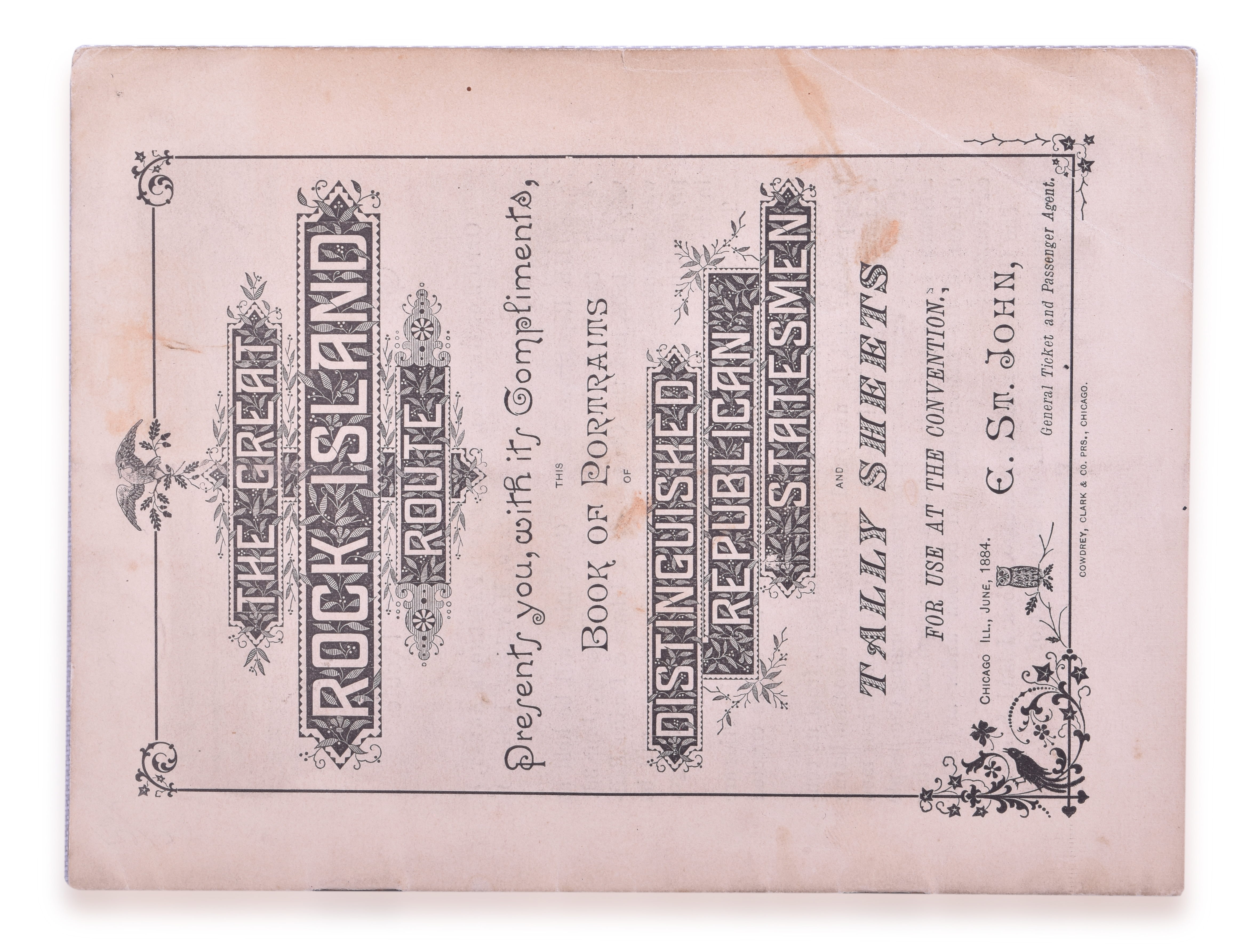 3367 - Chicago, Rock Island and Pacific Railroad 1884 Portraits of Distinguished Republican Statesmen & Tally sheets Booklet. thumbnail