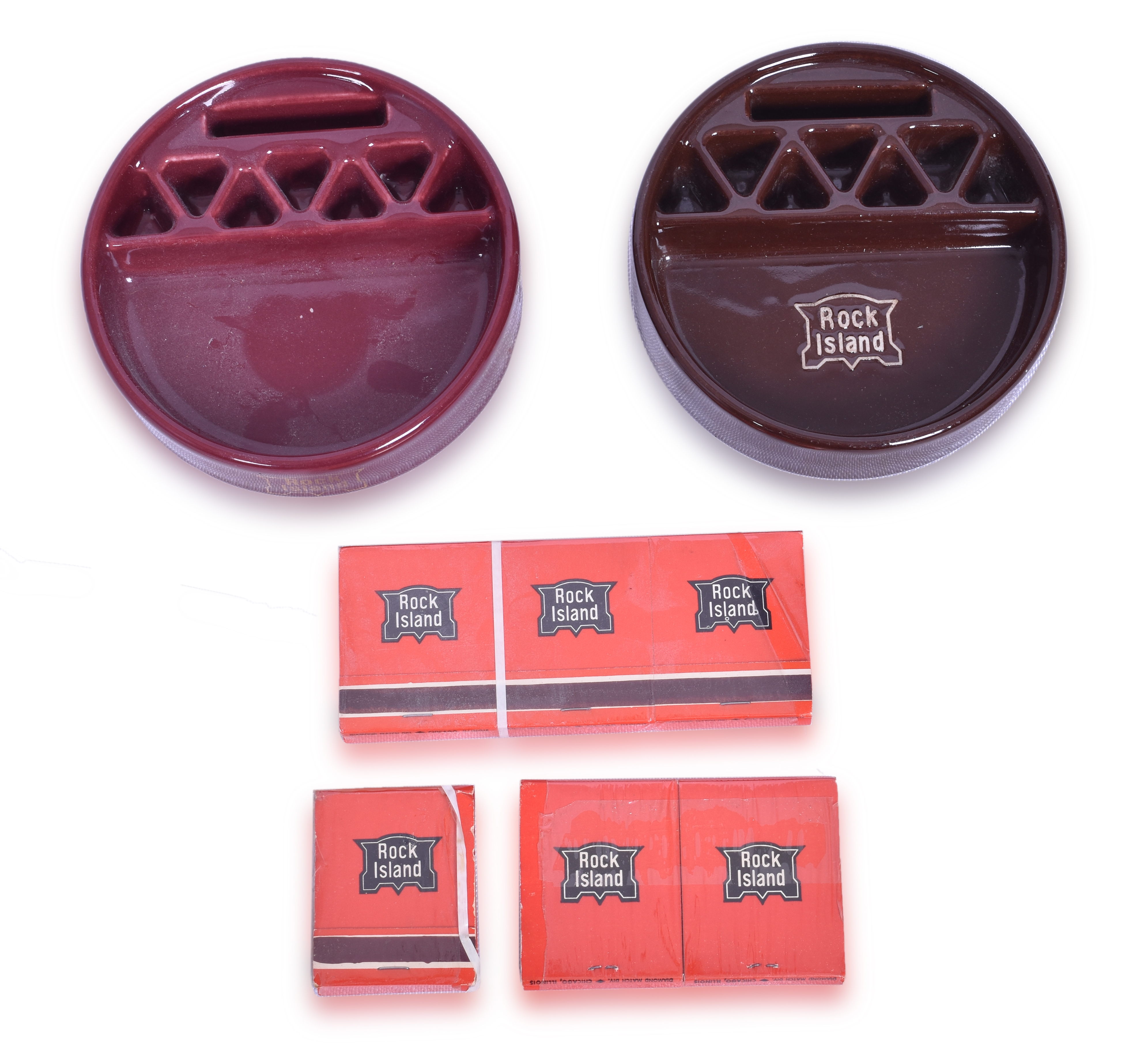 3368 - Pair of Rock Island Railroad Snuff-A-Rette Ceramic Ash Trays and Sealed Match Books thumbnail