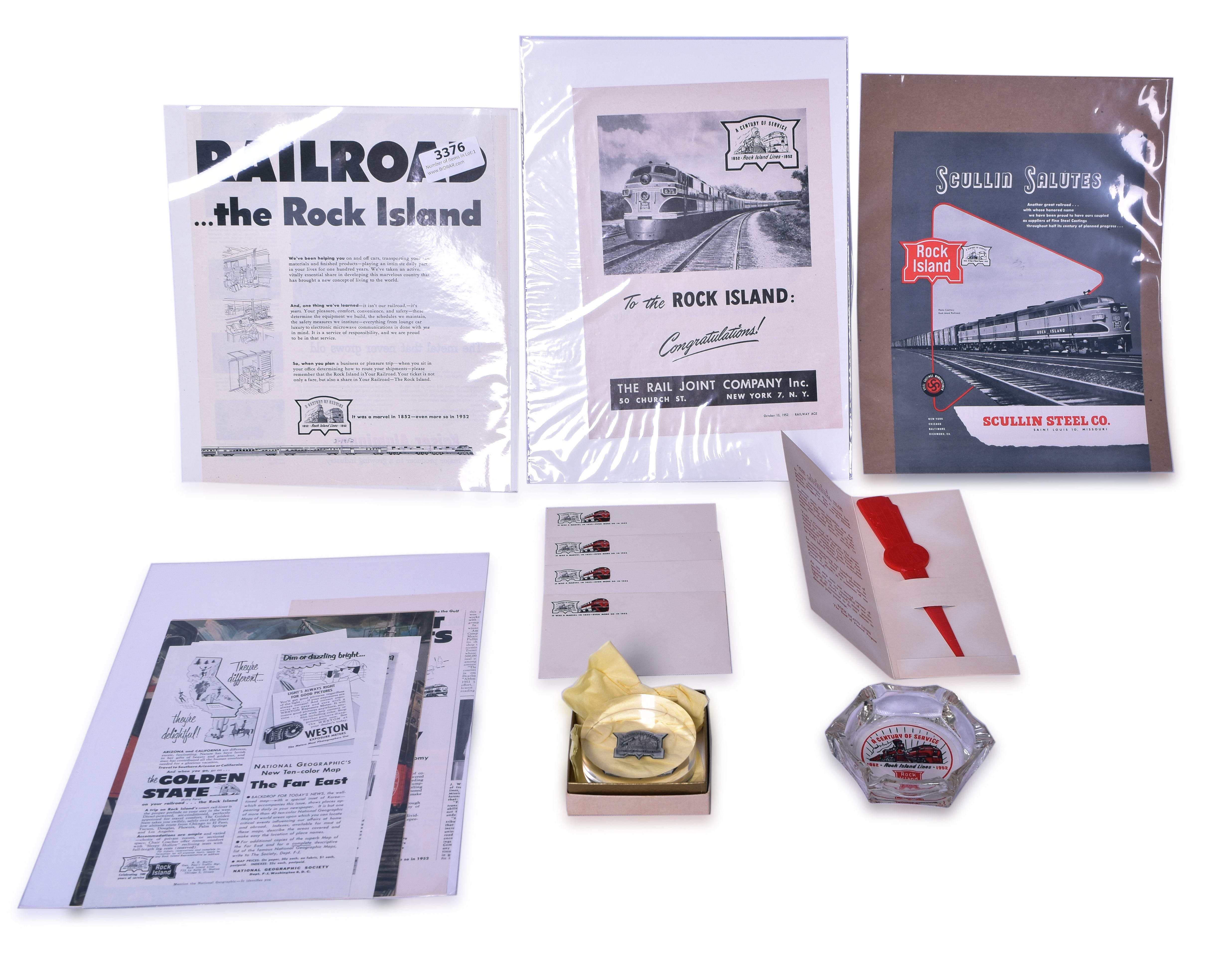 3376 - Rock Island Centennial Paperweight, Ashtray, Stationary, and Advertisements thumbnail