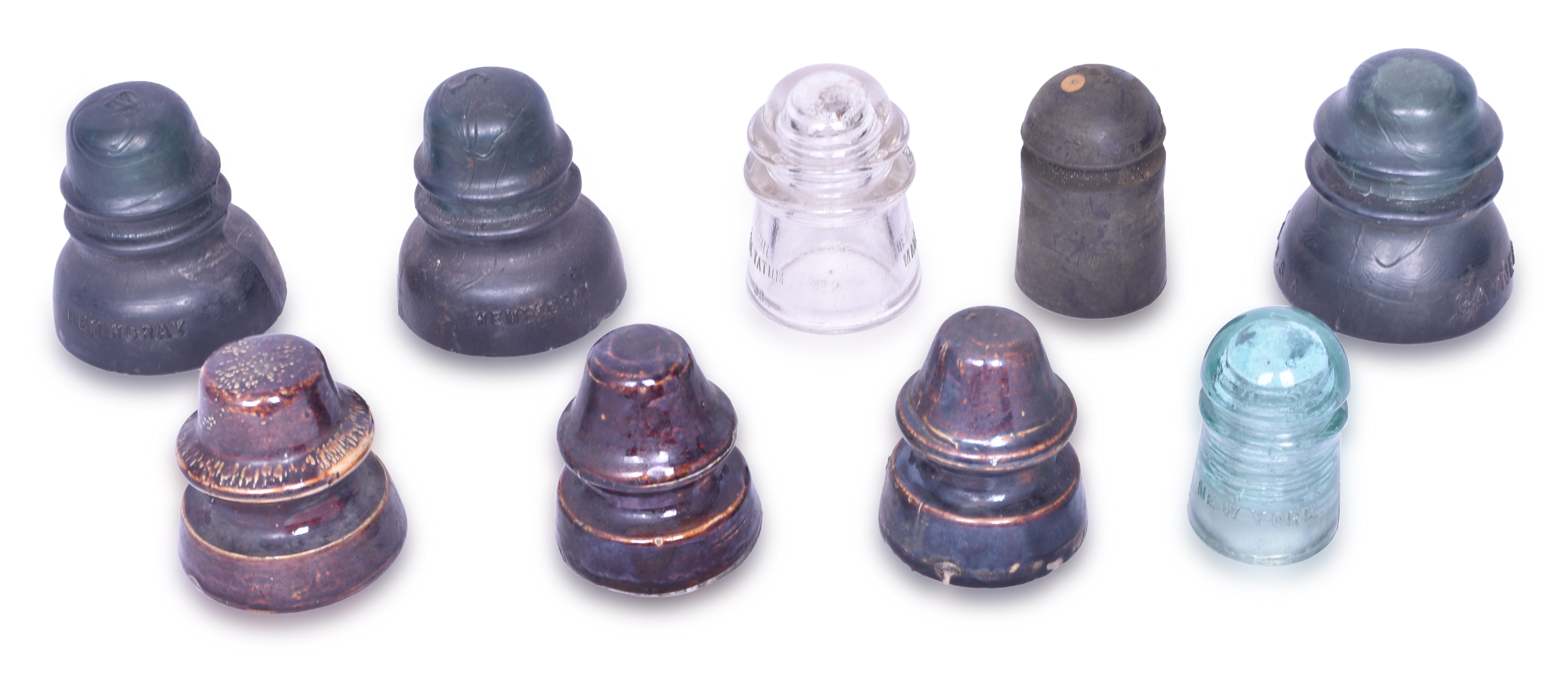 3386 - Nine Railroad Telegraph Insulators - Brookfield, Hemingray, Thomas, Whitall Tatum, Continental Rubber, and Gayner thumbnail