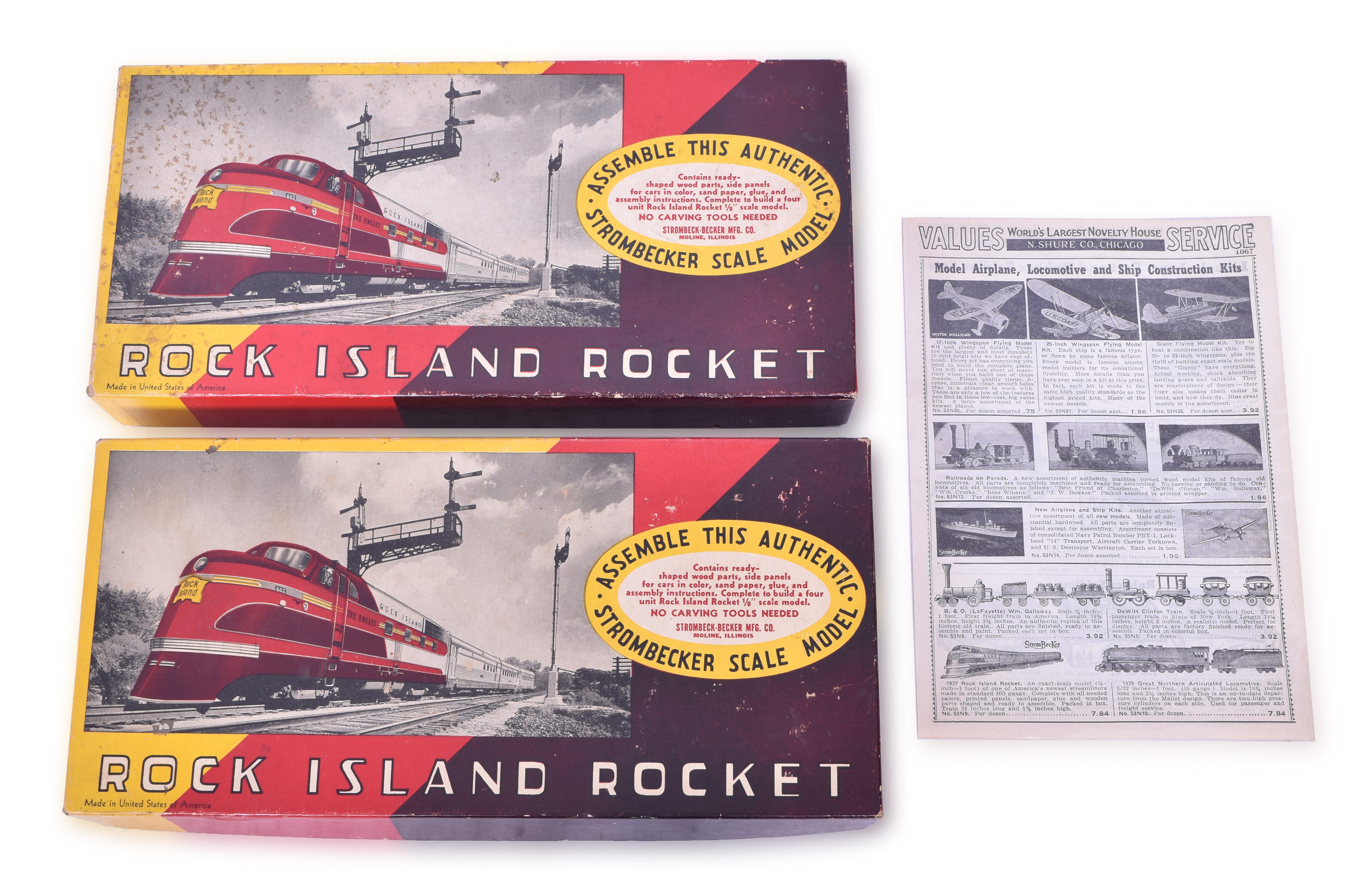 3388 - Pair of Strombecker Rock Island Rocket Wooden Models - Plus Original Advertisement thumbnail